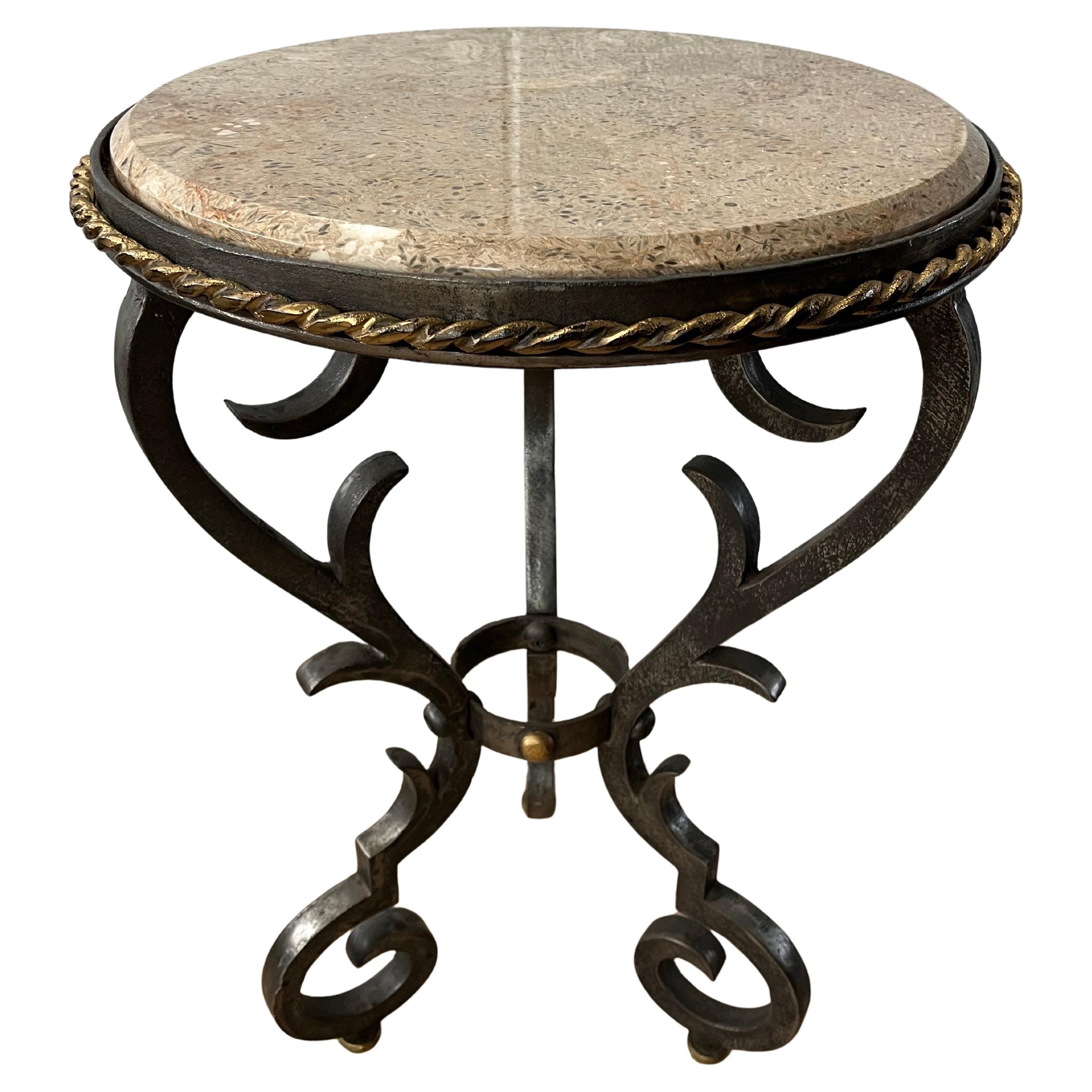 French Gueridon Table with Marble Top and Cast Iron Scroll Legs