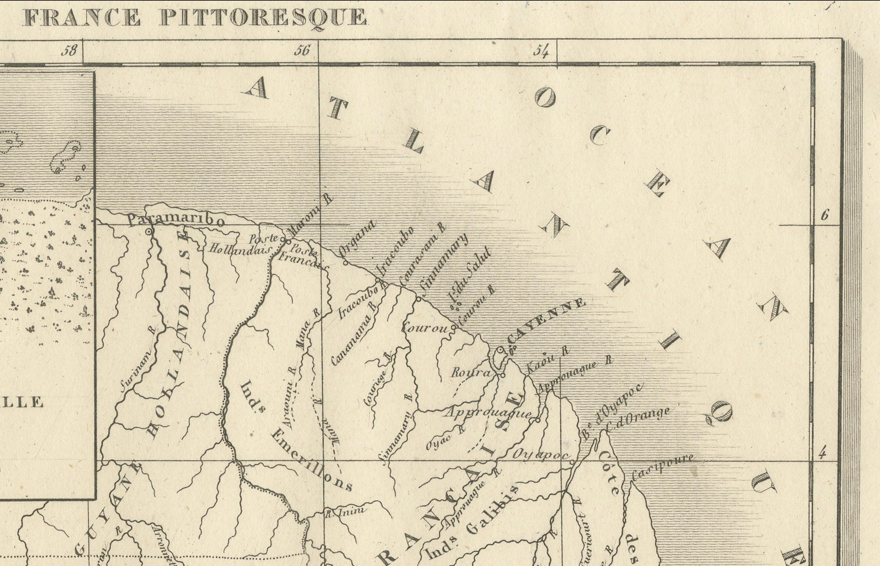 Paper French Guiana and Cayenne: Mid-19th Century Map from France Pittoresque Series For Sale