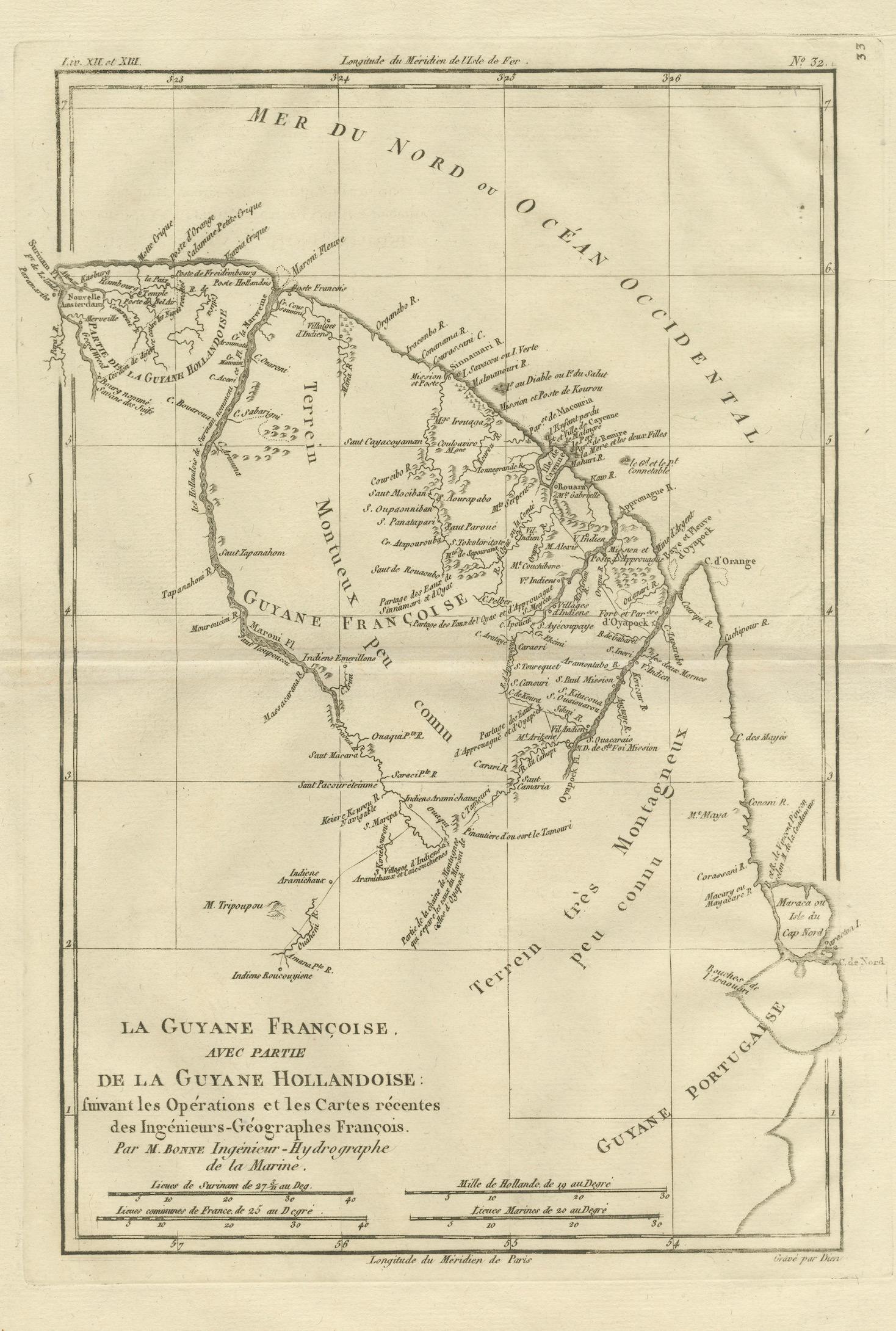 French Guiana & Suriname – Rigobert Bonne’s Colonial Map of the Guianas, c.1780