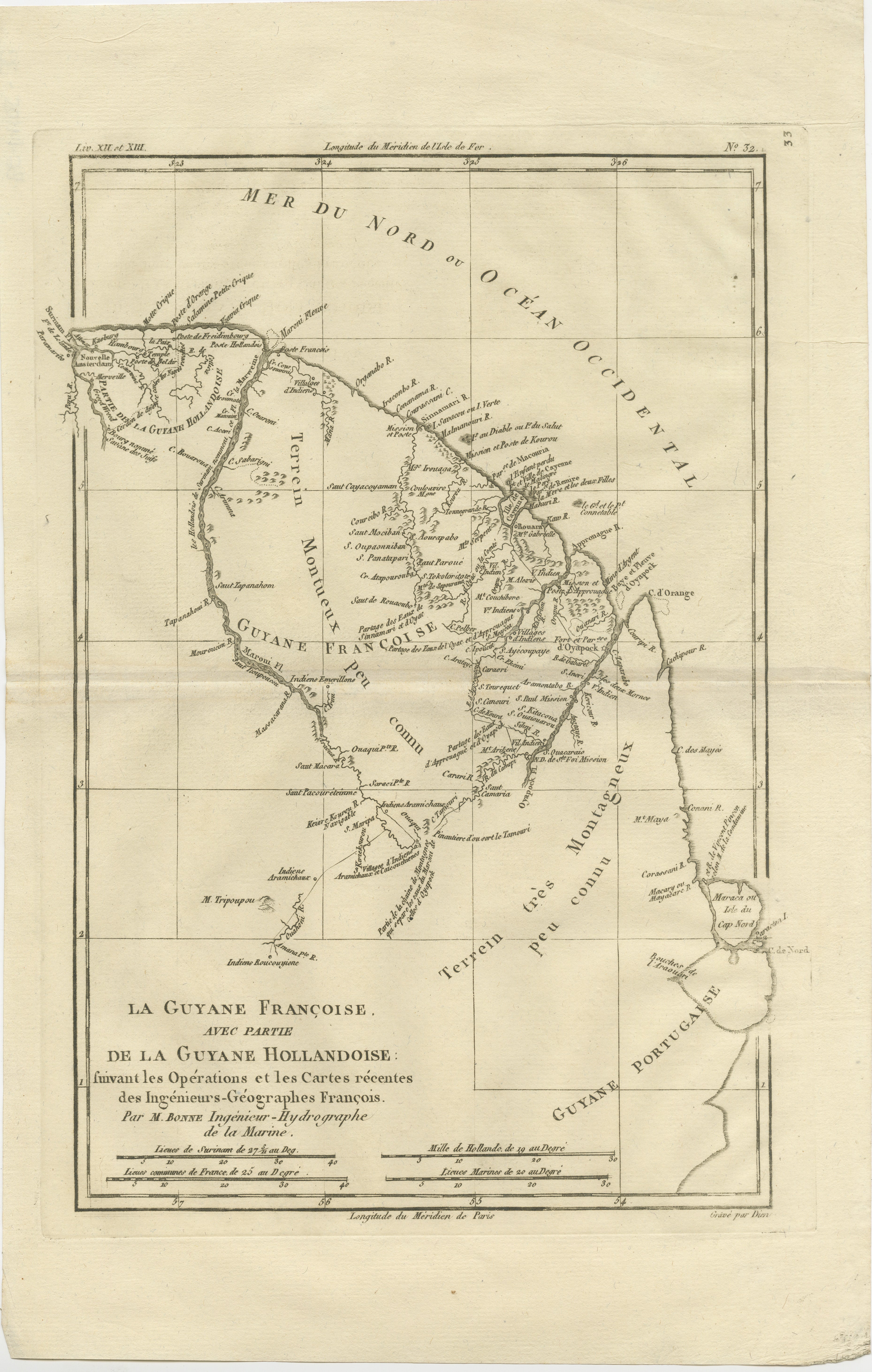Guiana francese e Suriname - Mappa coloniale delle Guianas di Rigobert Bonne, 1780 ca.