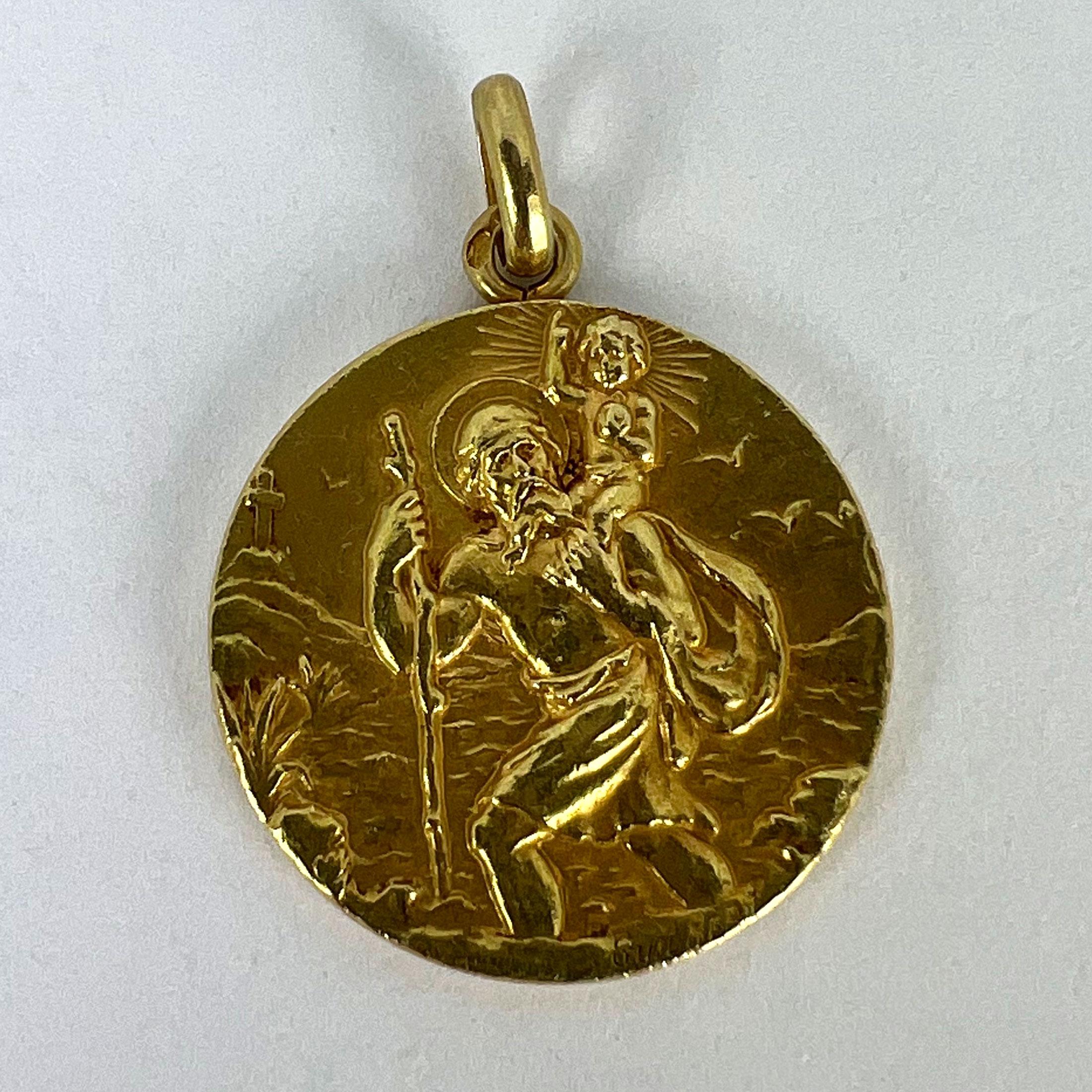 French Guilbert Saint Christopher 18K Yellow Gold Pendant Medal 8
