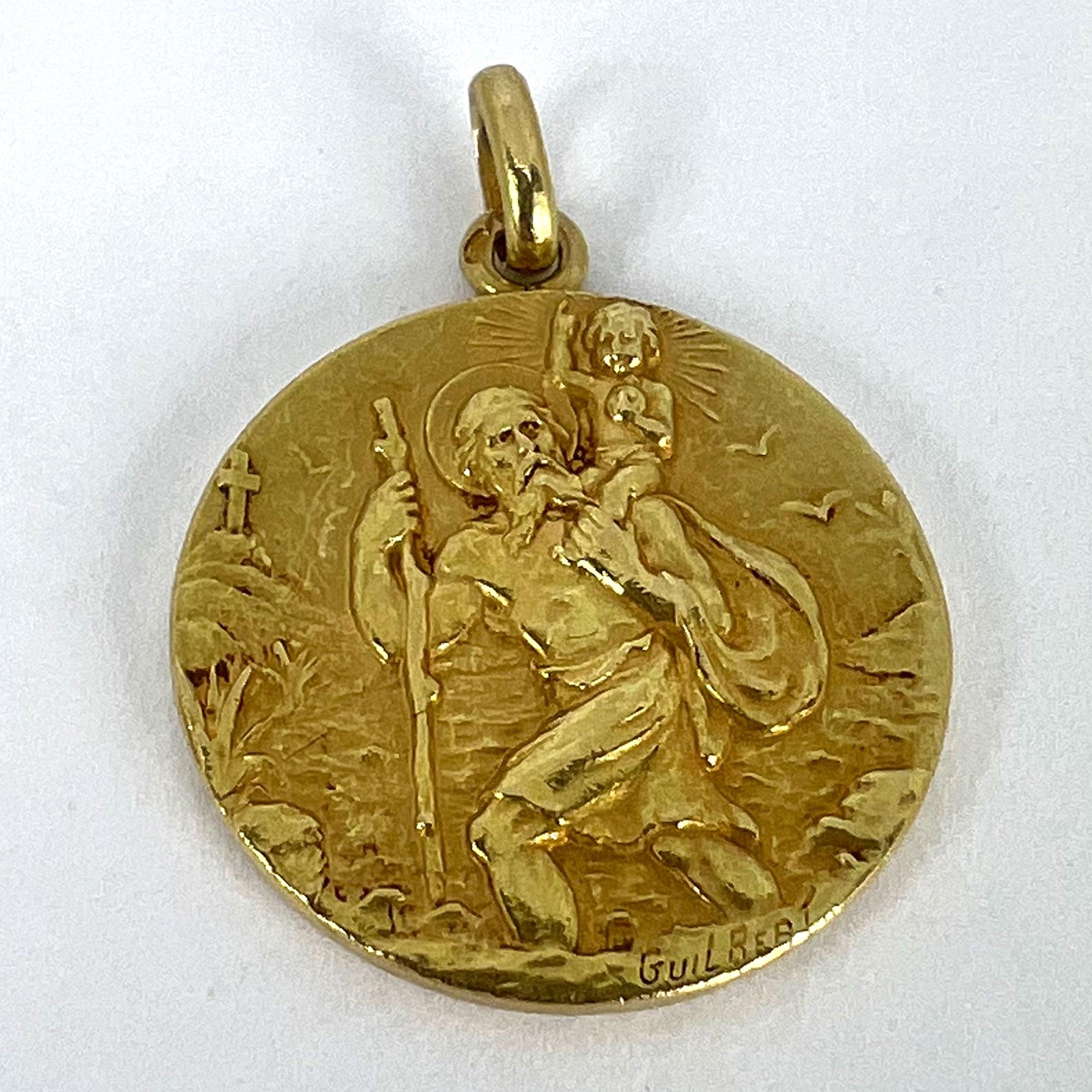 French Guilbert Saint Christopher 18K Yellow Gold Pendant Medal 9