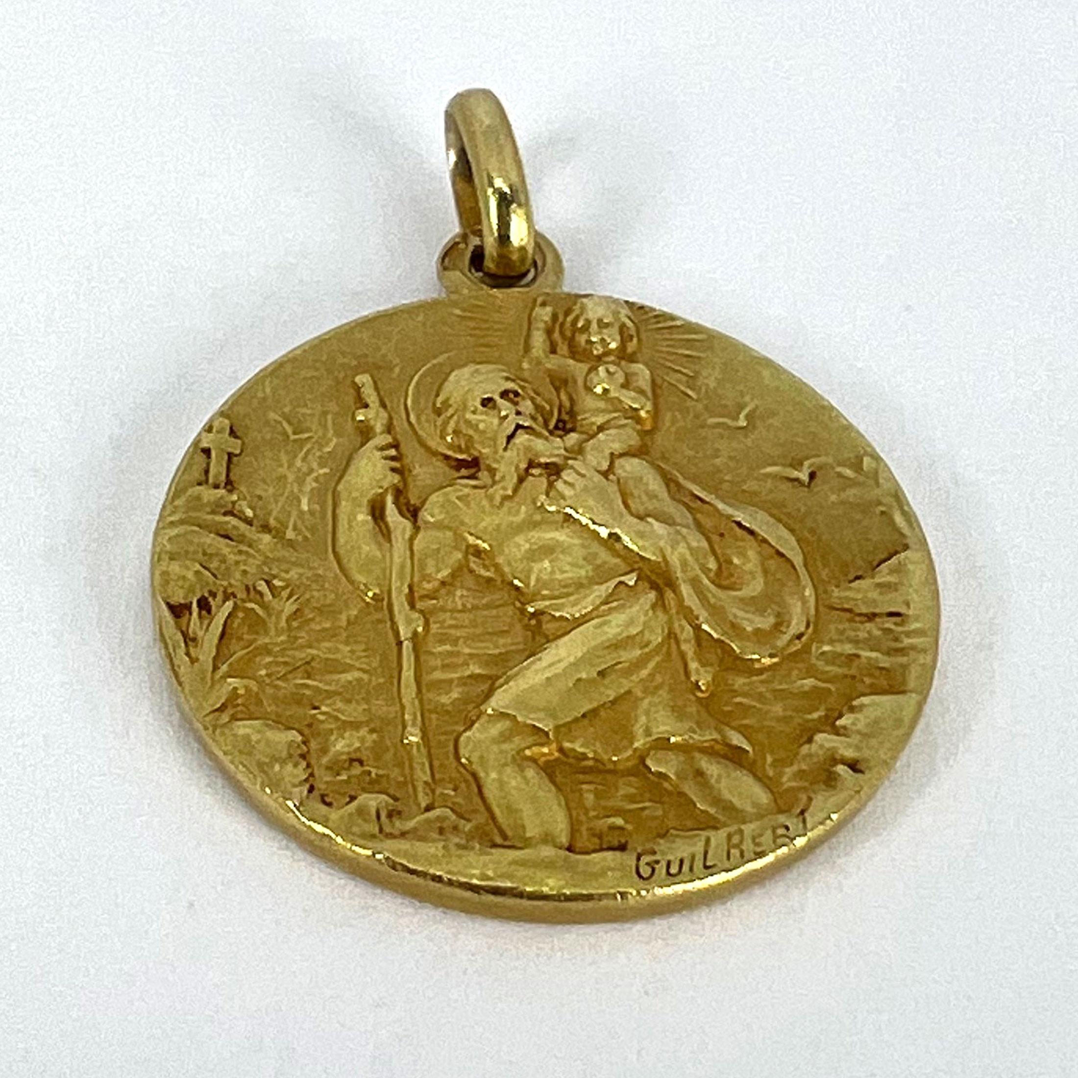 French Guilbert Saint Christopher 18K Yellow Gold Pendant Medal 10