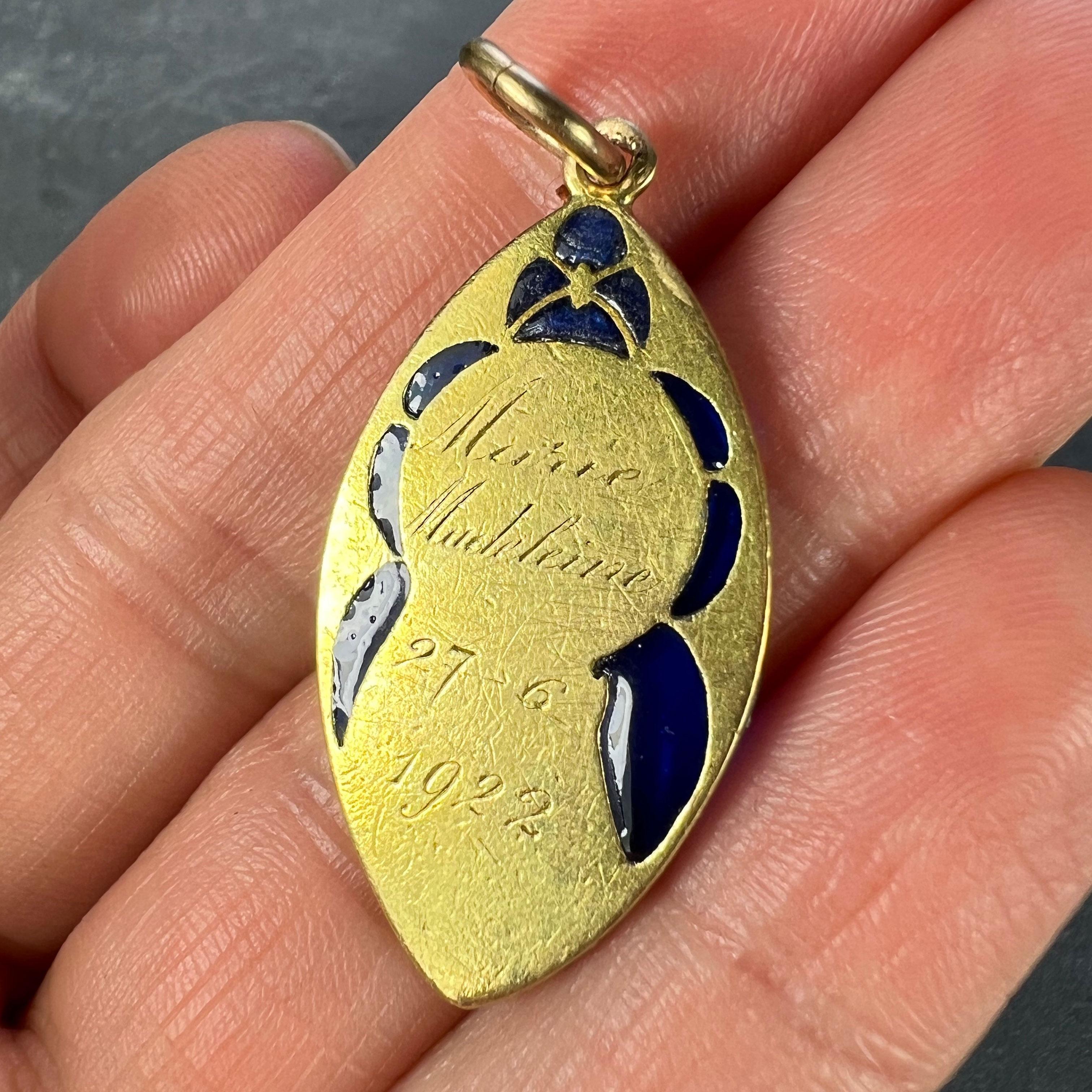 French Guilbert Virgin Mary Plique A Jour Enamel 18K Yellow Gold Pendant Medal For Sale 6