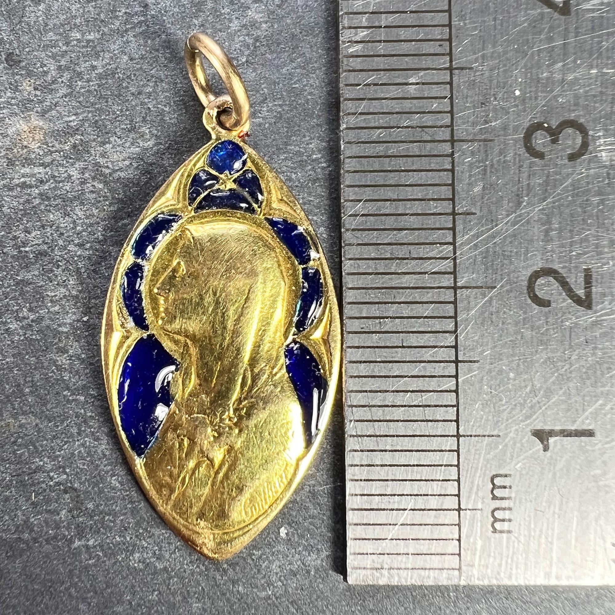 French Guilbert Virgin Mary Plique A Jour Enamel 18K Yellow Gold Pendant Medal For Sale 7