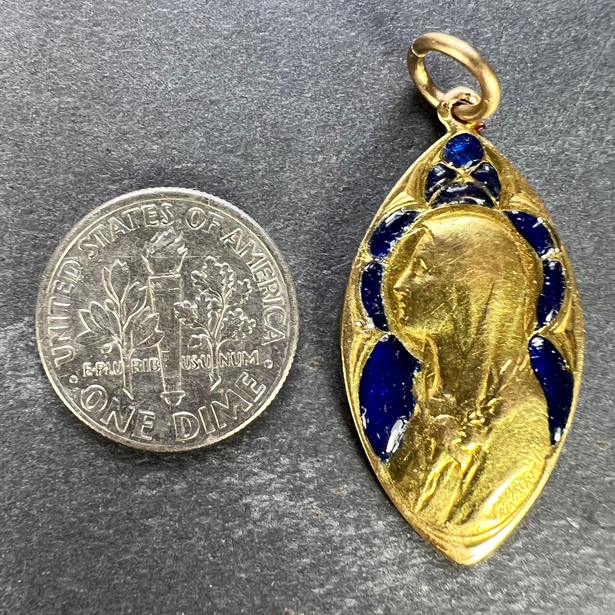 French Guilbert Virgin Mary Plique A Jour Enamel 18K Yellow Gold Pendant Medal For Sale 8