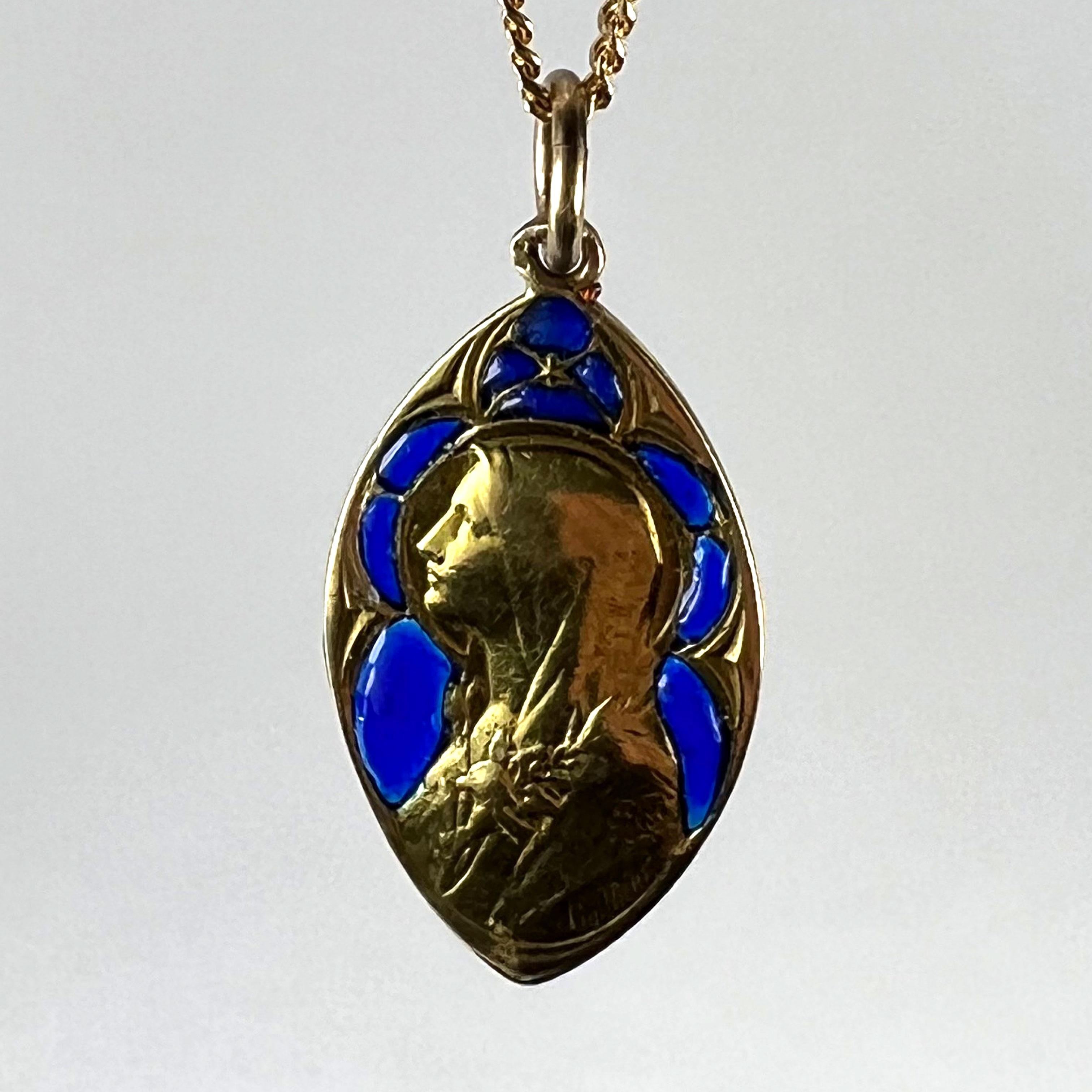 French Guilbert Virgin Mary Plique A Jour Enamel 18K Yellow Gold Pendant Medal For Sale 9
