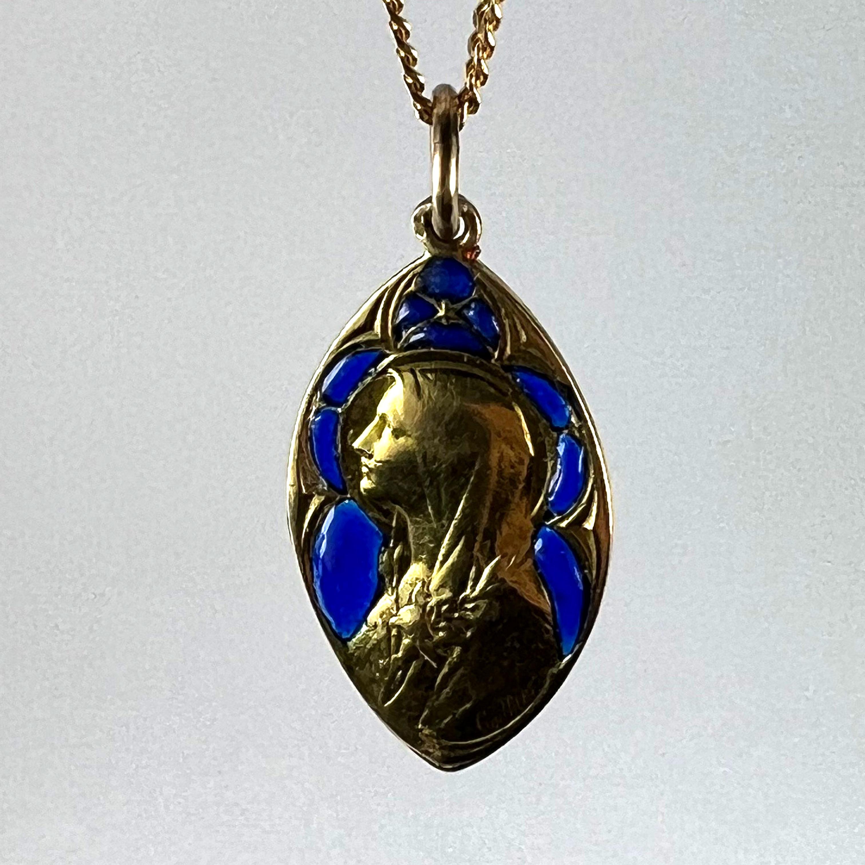 French Guilbert Virgin Mary Plique A Jour Enamel 18K Yellow Gold Pendant Medal For Sale 10