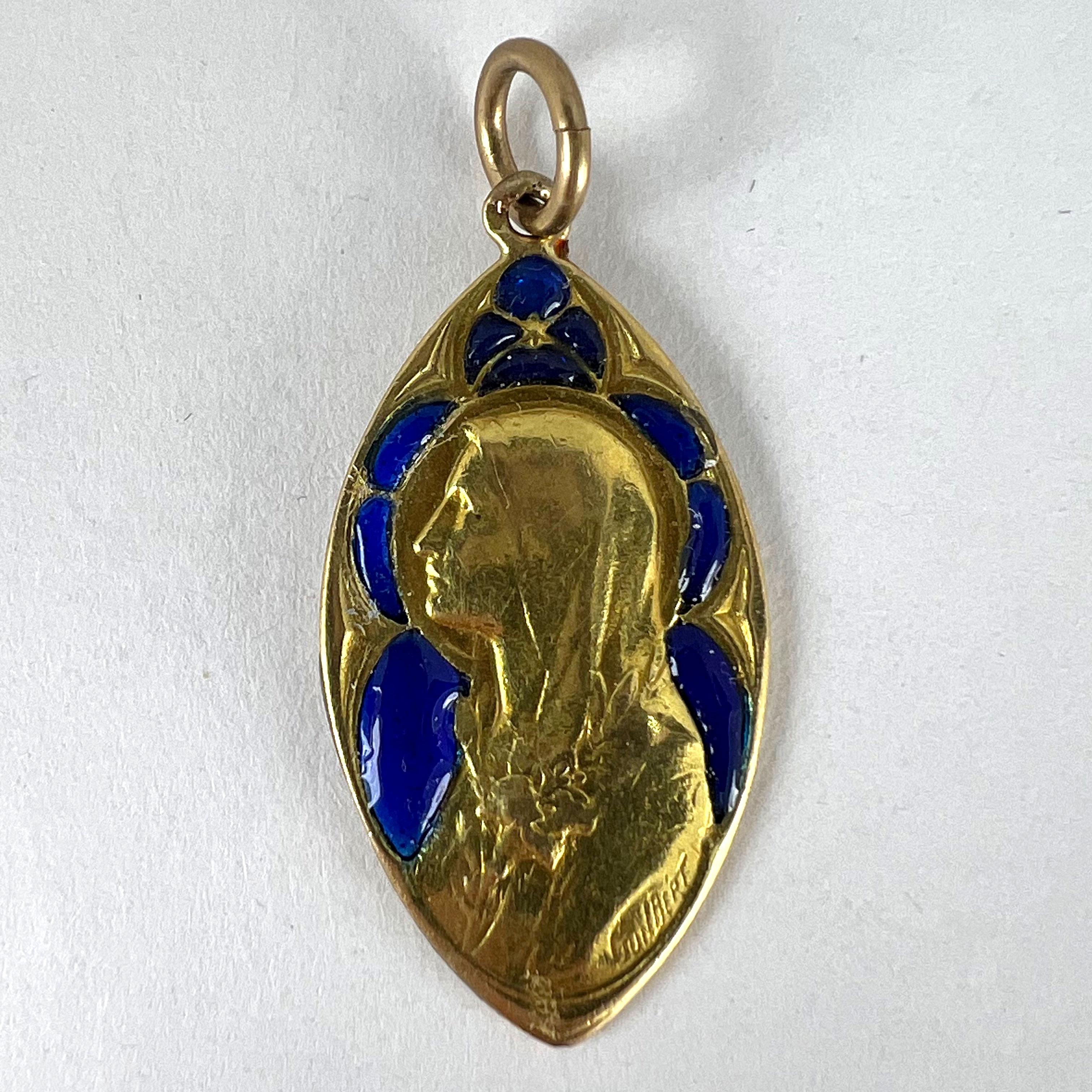 French Guilbert Virgin Mary Plique A Jour Enamel 18K Yellow Gold Pendant Medal For Sale 11