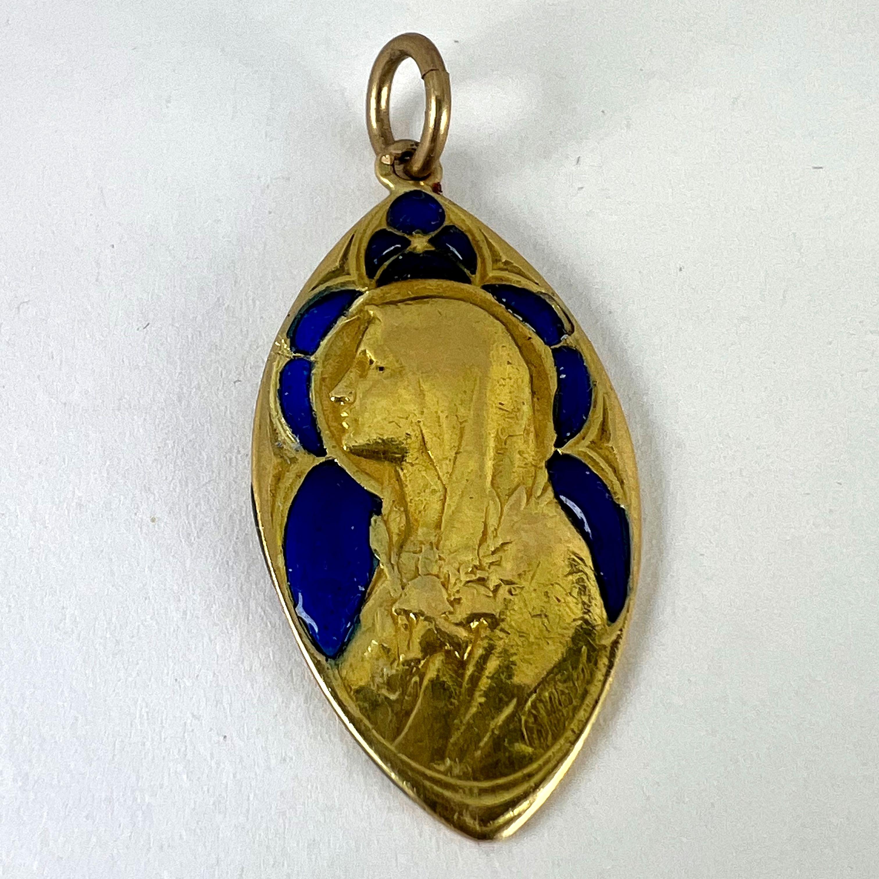 French Guilbert Virgin Mary Plique A Jour Enamel 18K Yellow Gold Pendant Medal For Sale 12