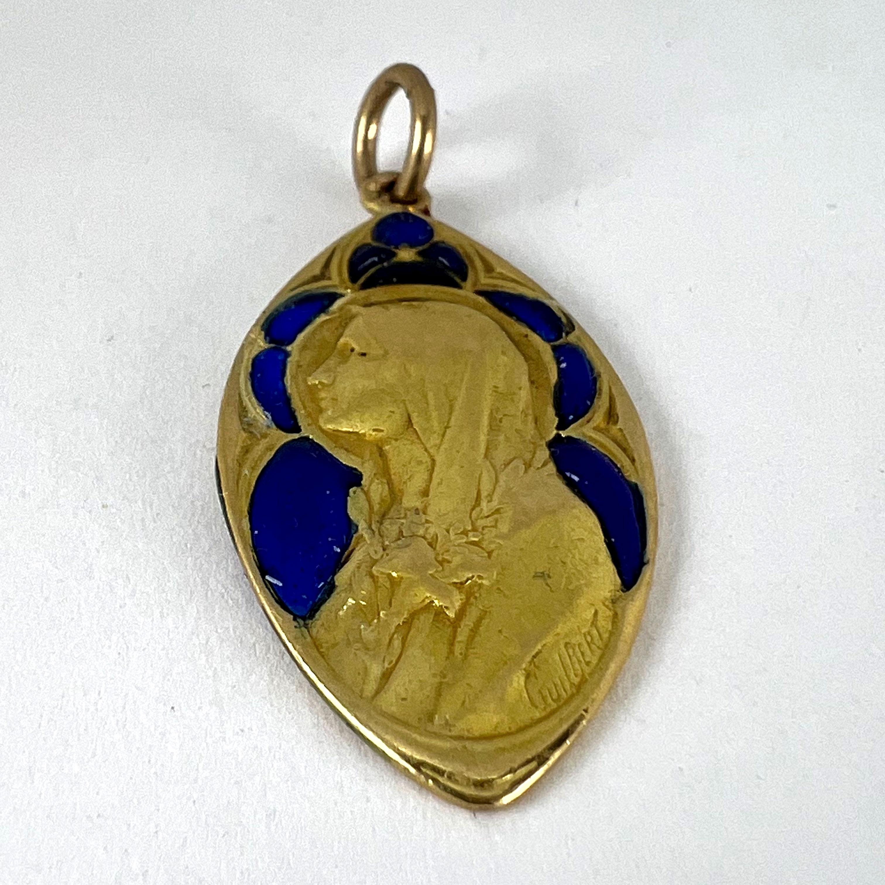French Guilbert Virgin Mary Plique A Jour Enamel 18K Yellow Gold Pendant Medal For Sale 13