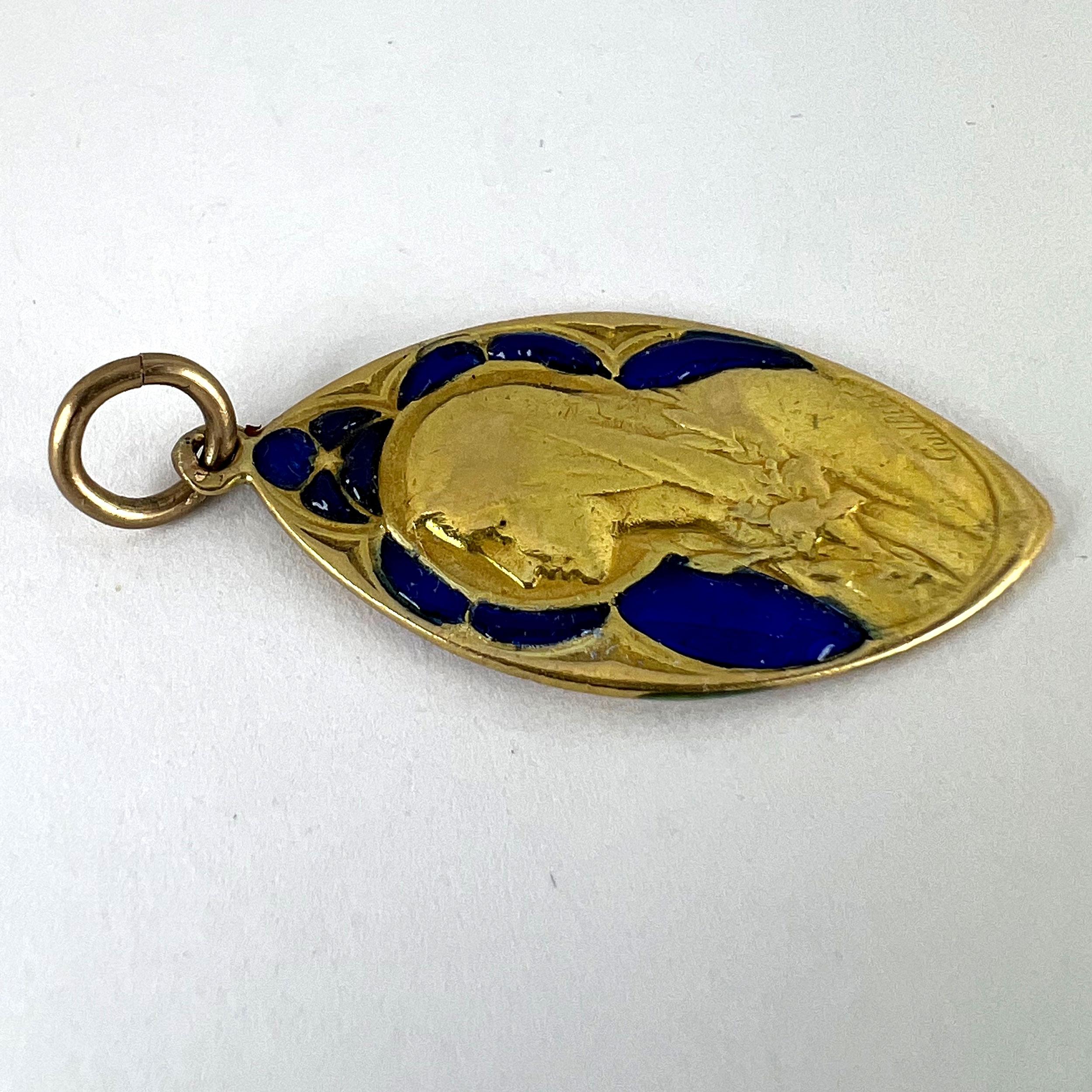French Guilbert Virgin Mary Plique A Jour Enamel 18K Yellow Gold Pendant Medal For Sale 14