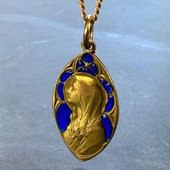French Guilbert Virgin Mary Plique A Jour Enamel 18K Yellow Gold Pendant Medal