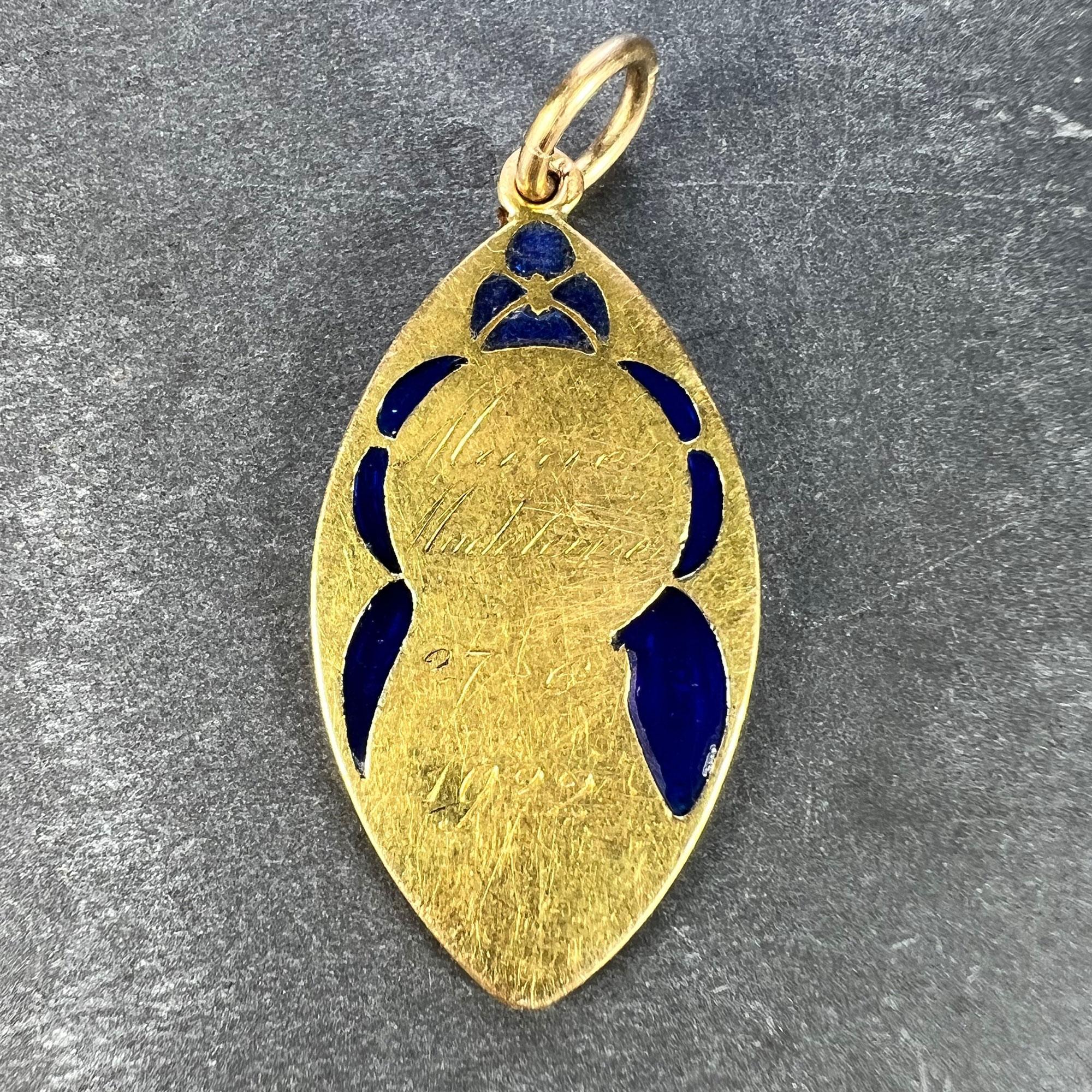 Women's French Guilbert Virgin Mary Plique A Jour Enamel 18K Yellow Gold Pendant Medal For Sale