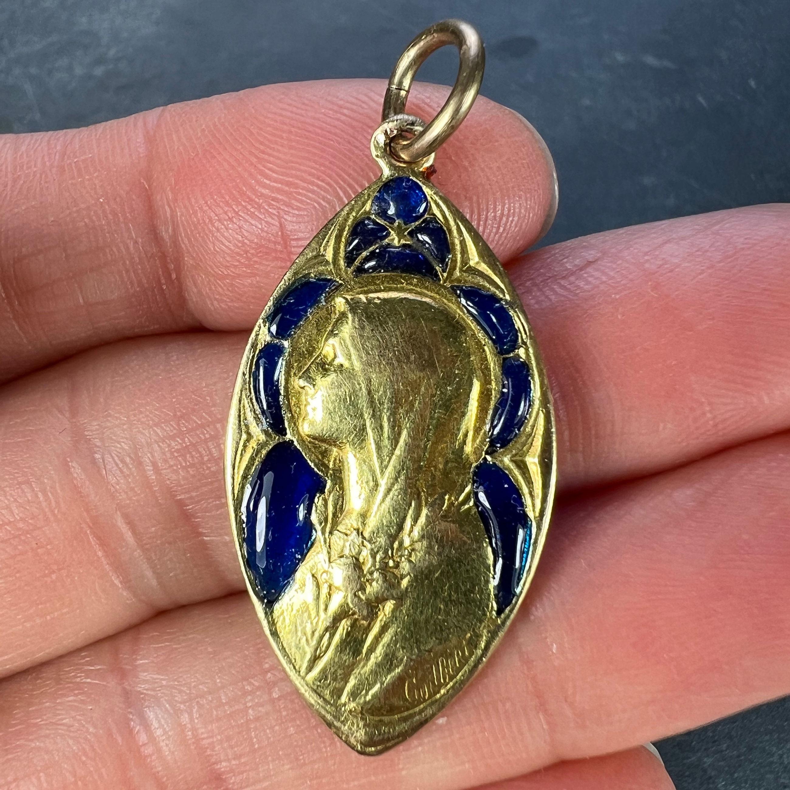 French Guilbert Virgin Mary Plique A Jour Enamel 18K Yellow Gold Pendant Medal For Sale 2