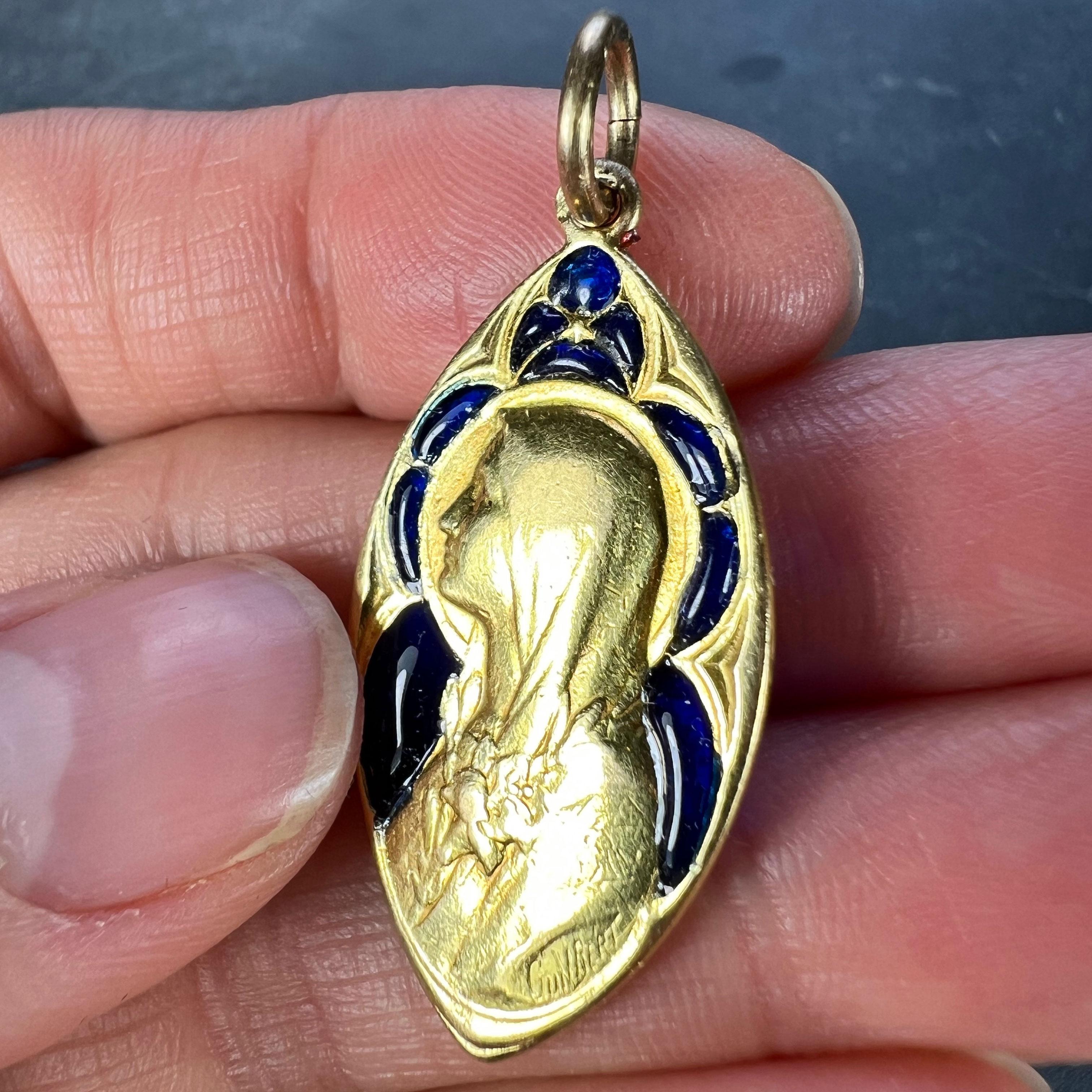 French Guilbert Virgin Mary Plique A Jour Enamel 18K Yellow Gold Pendant Medal For Sale 3