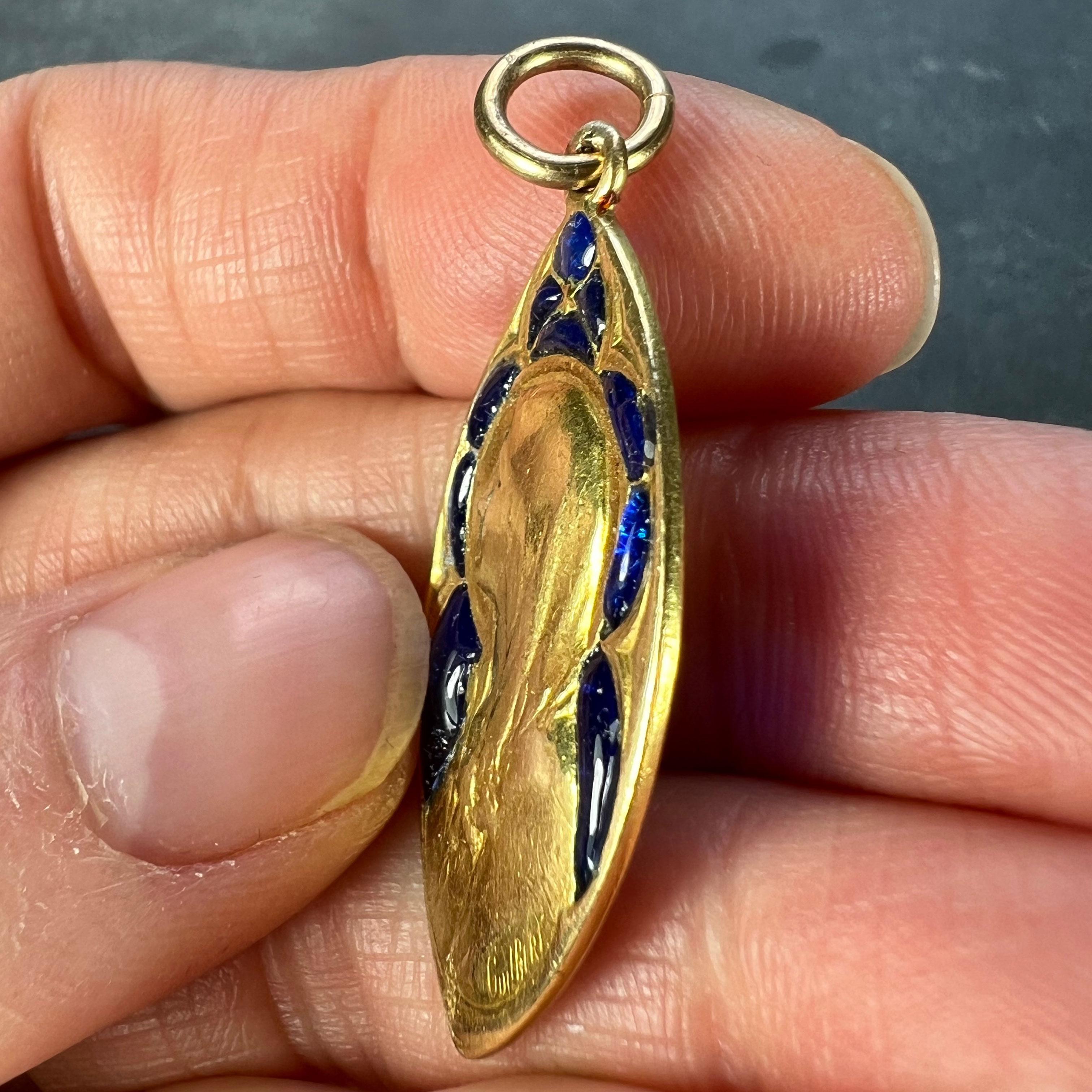 French Guilbert Virgin Mary Plique A Jour Enamel 18K Yellow Gold Pendant Medal For Sale 4