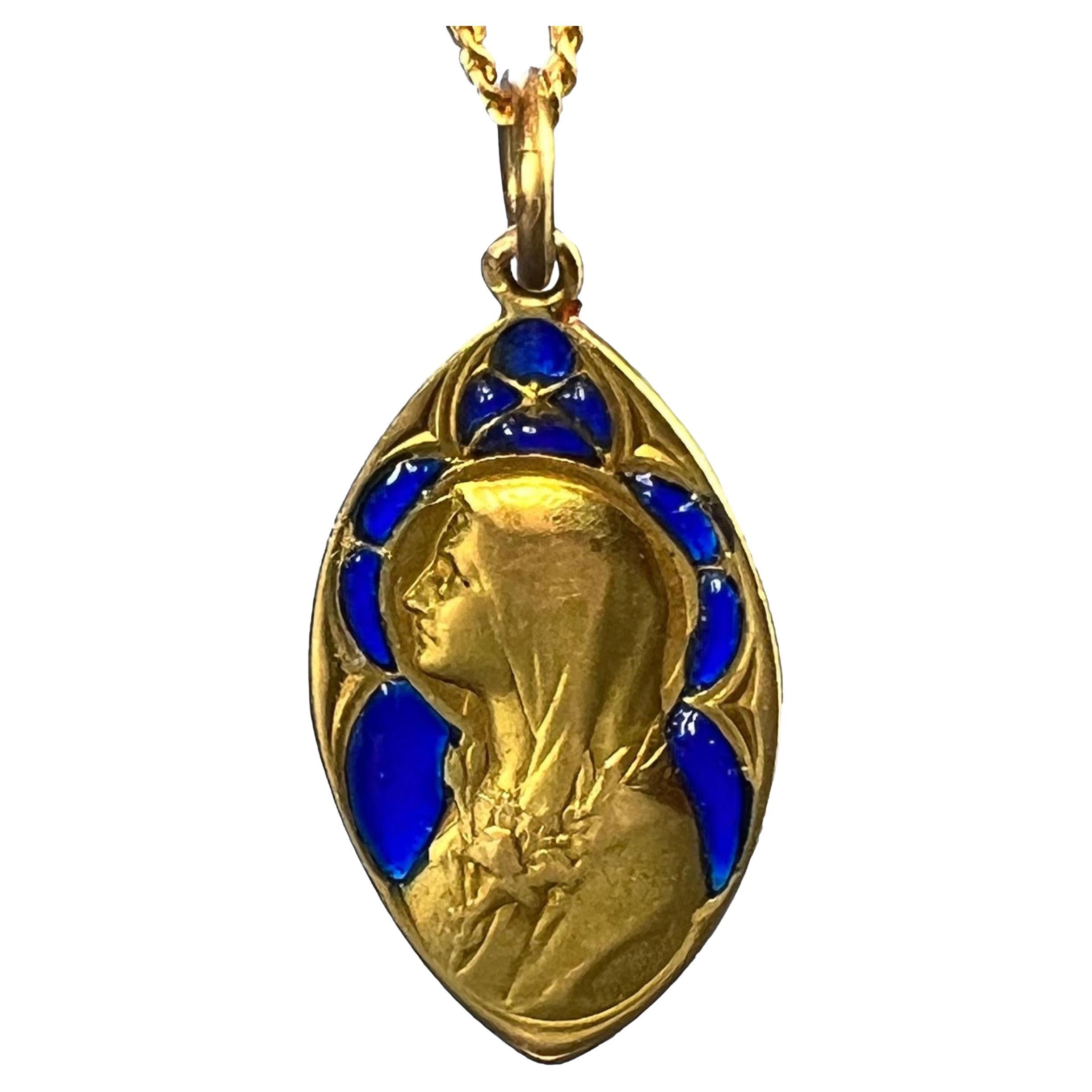 French Guilbert Virgin Mary Plique A Jour Enamel 18K Yellow Gold Pendant Medal For Sale