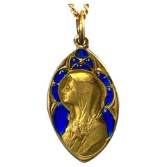 Vintage French Guilbert Virgin Mary Plique A Jour Enamel 18K Yellow Gold Pendant Medal