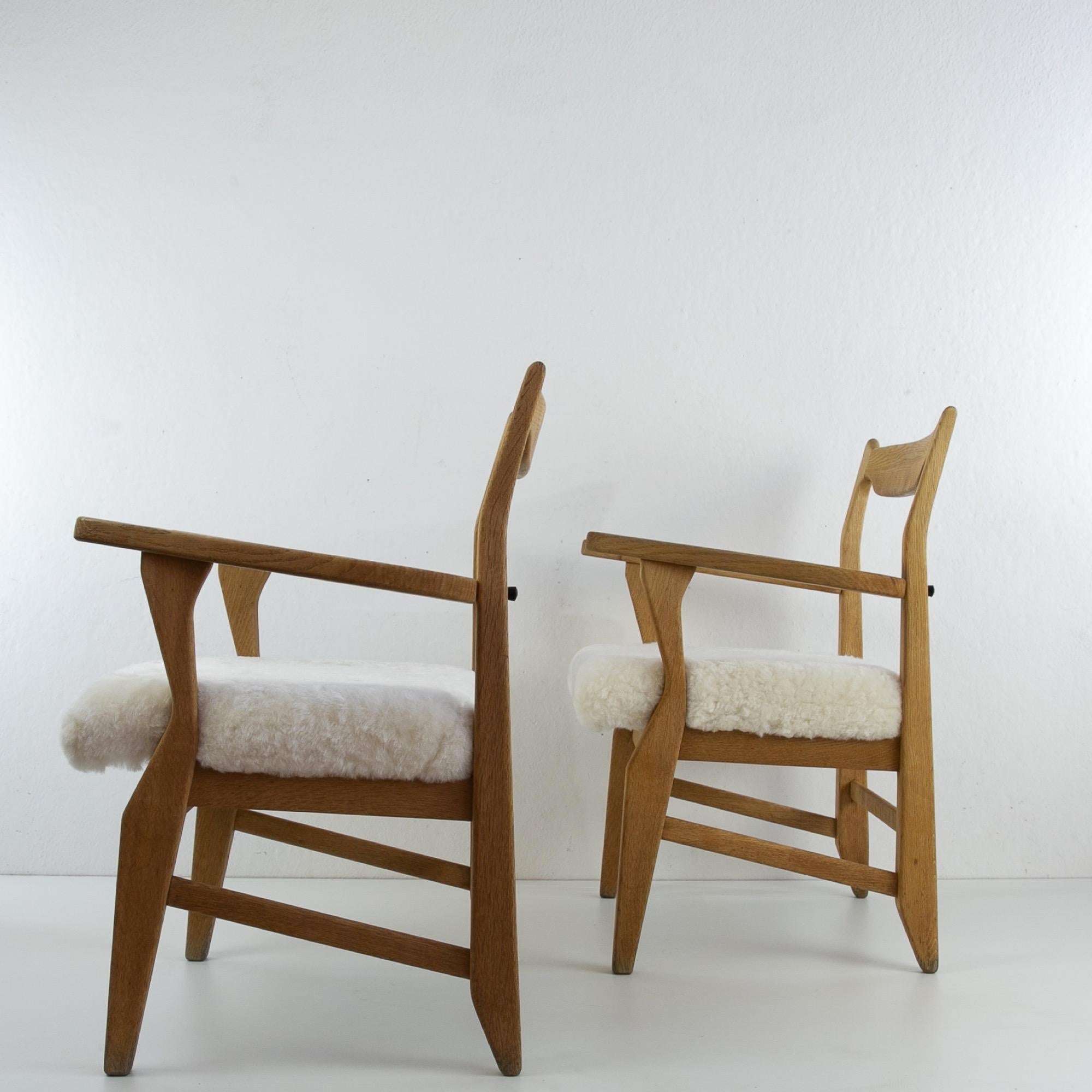 Mid-20th Century French Guillerme et Chambron Armchairs, Hungarian Oak, Lambskin