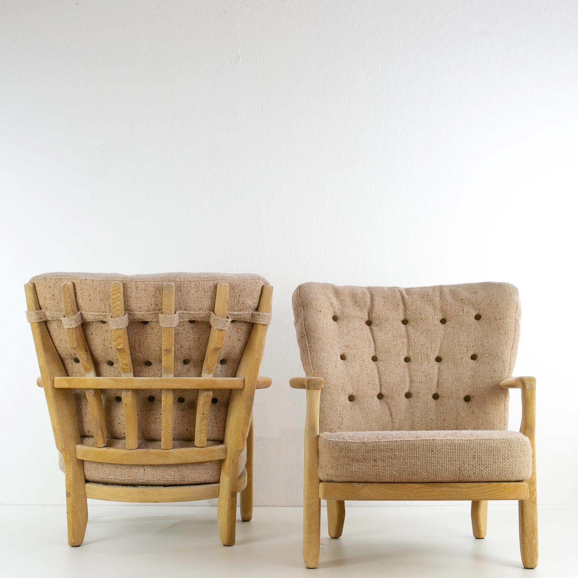 French Guillerme et Chambron Armchairs, Hungarian Oak, Wool 2