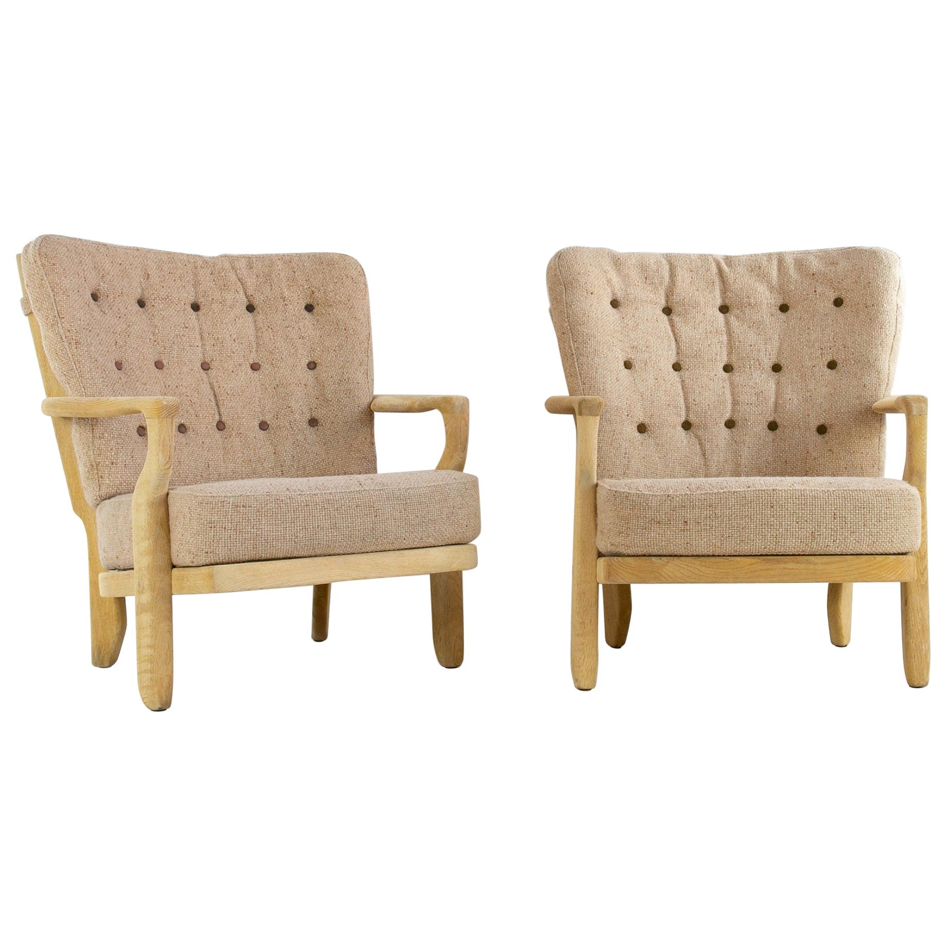 French Guillerme et Chambron Armchairs, Hungarian Oak, Wool