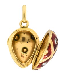 French Guilloche Enamel Rose Cut Diamond Egg Locket Charm