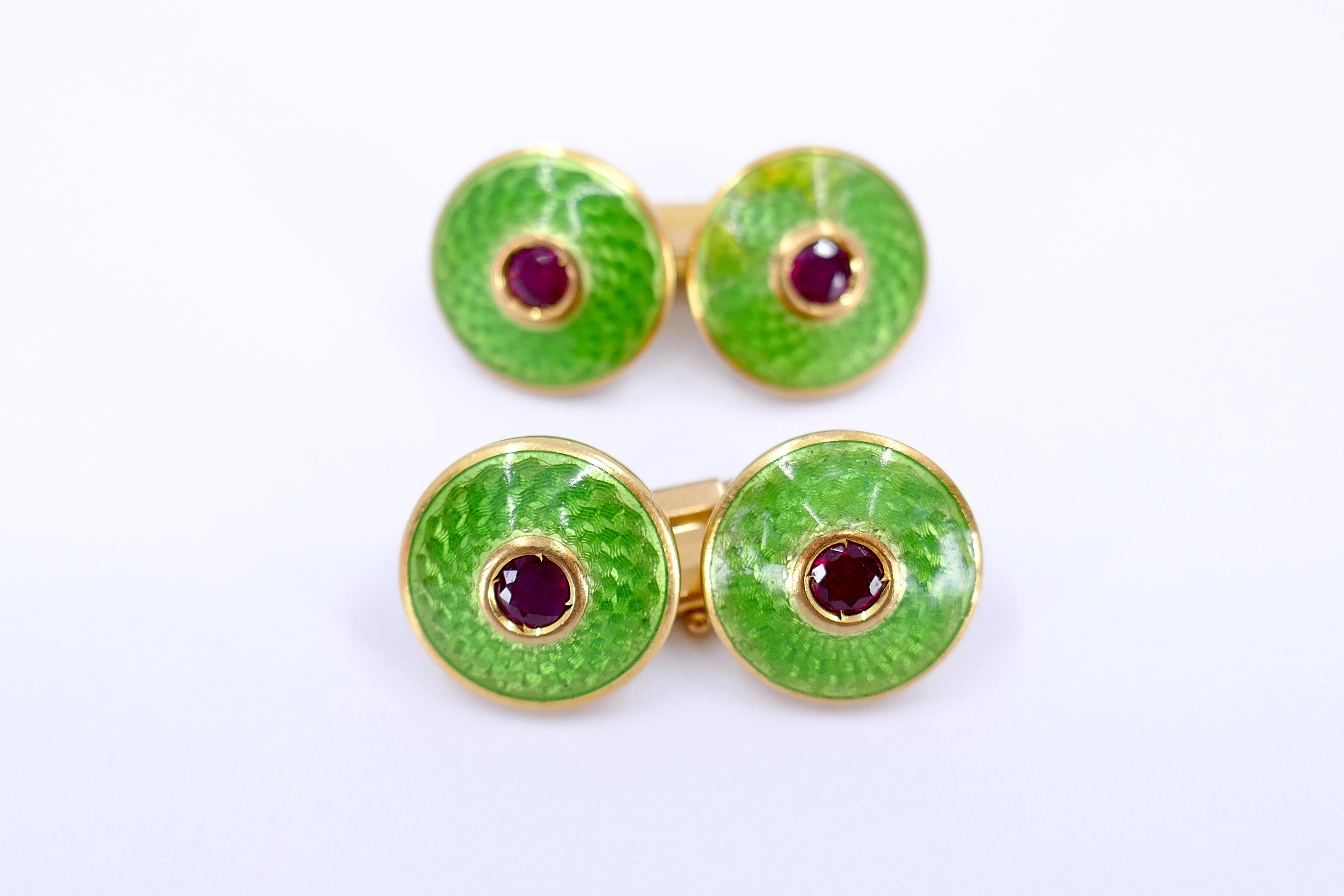 French Guilloche Enamel Ruby Cuff links  In Good Condition For Sale In Beverly Hills, CA