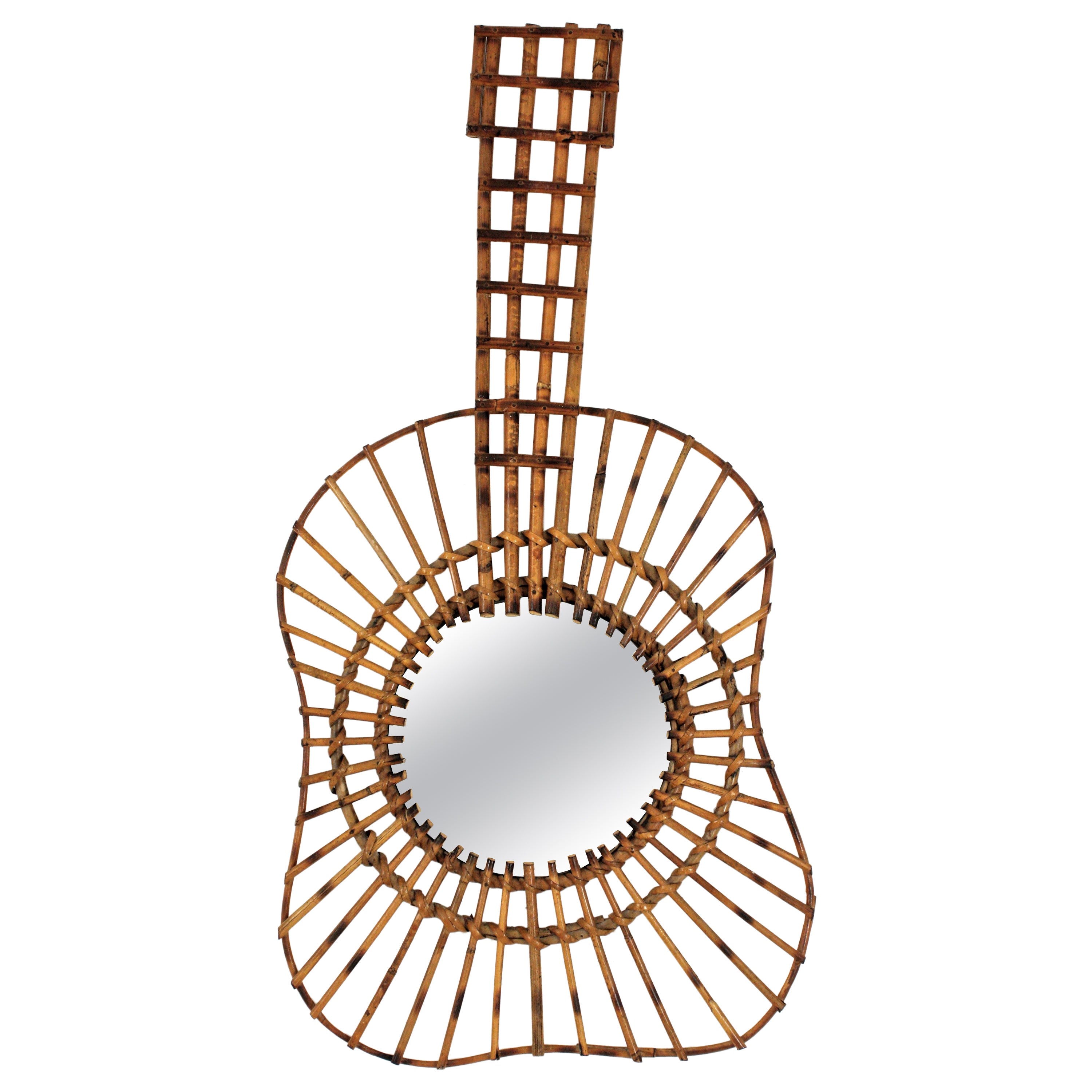 French Guitar Shaped Wall Mirror in Rattan, 1950s