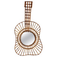 French Guitar Shaped Wall Mirror in Rattan, 1950s