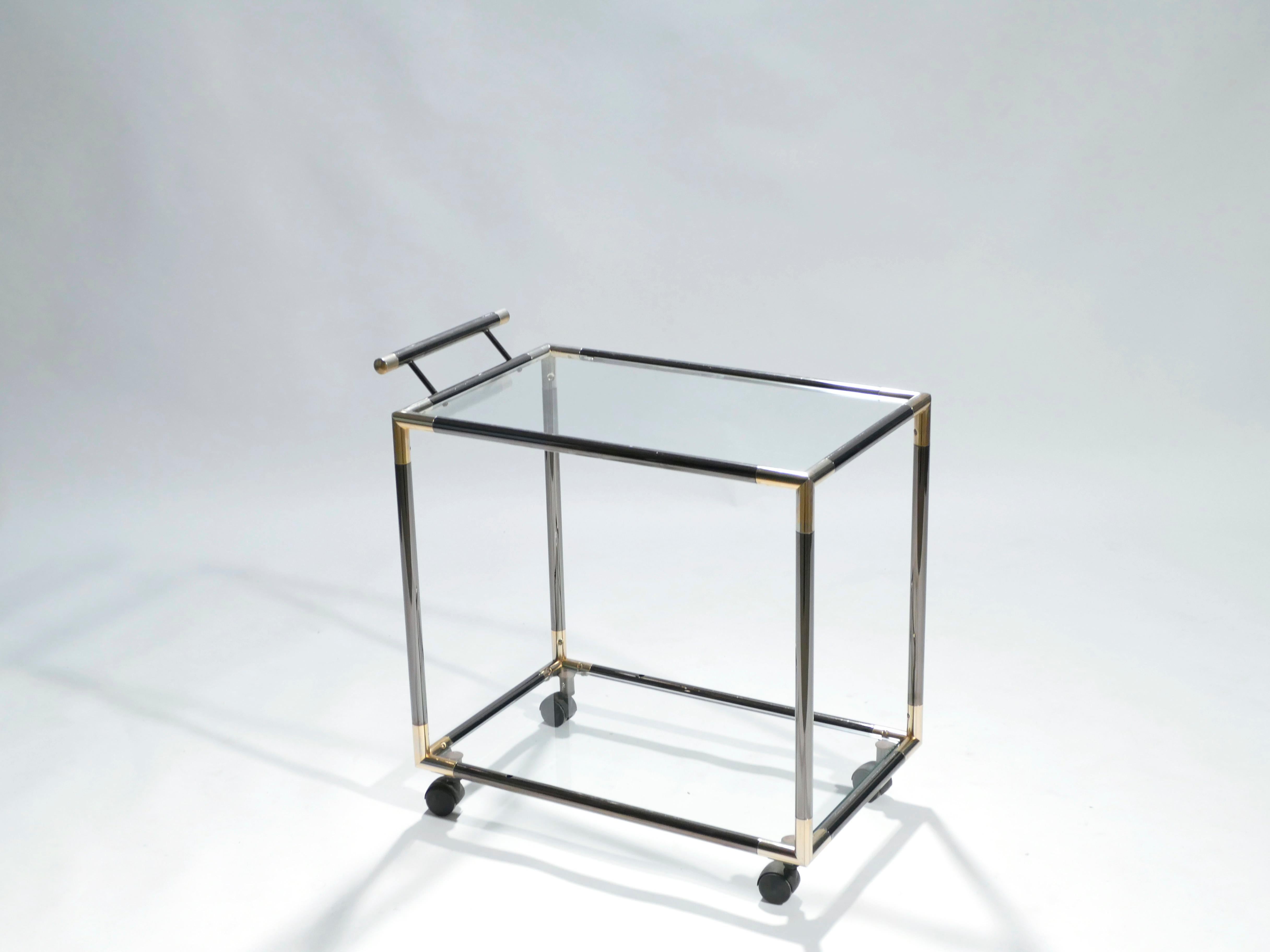 Glass French Gunmetal and Brass Bar Cart, 1970s