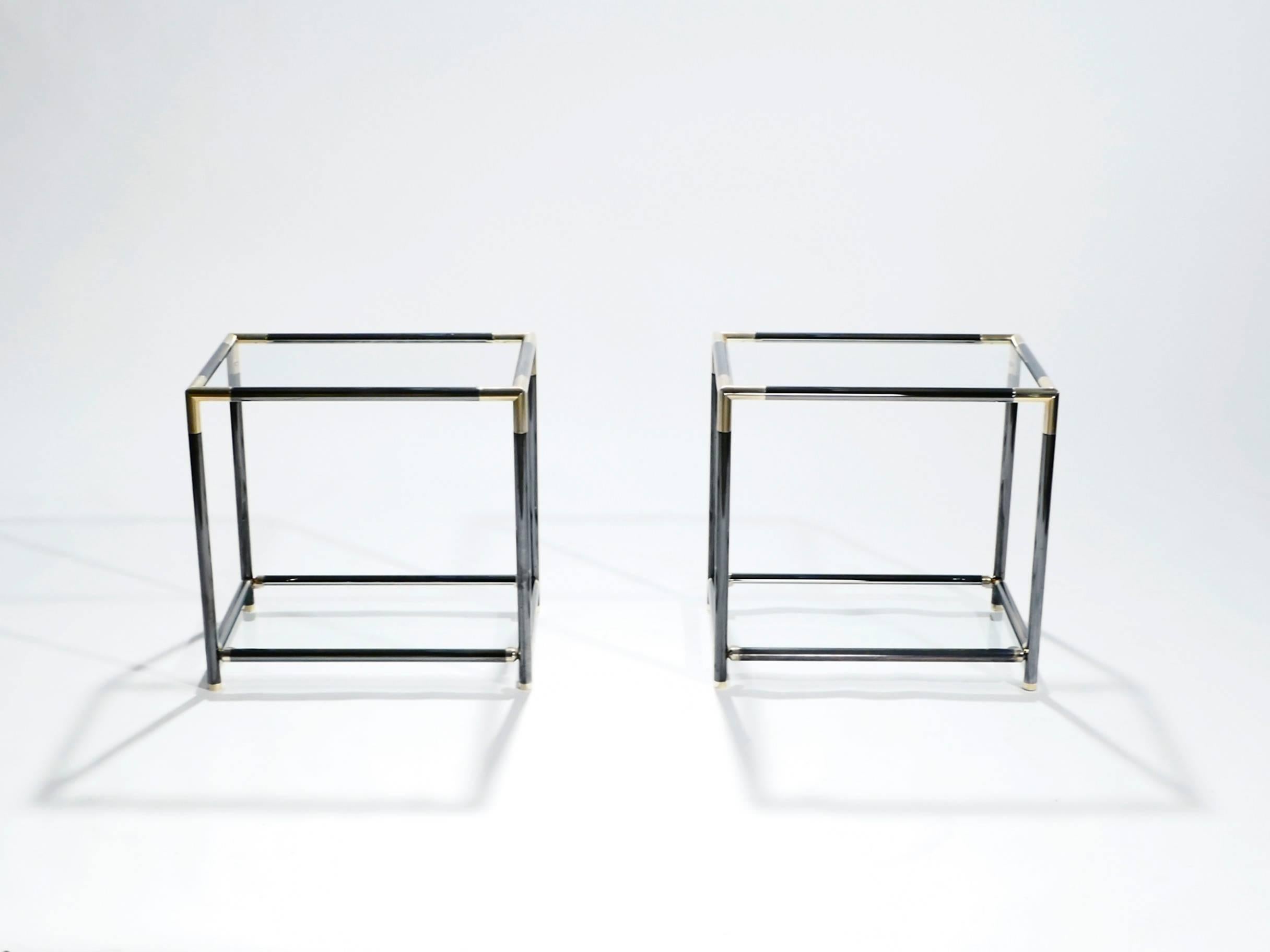 Mid-Century Modern French Gunmetal and Brass End Tables, 1970s