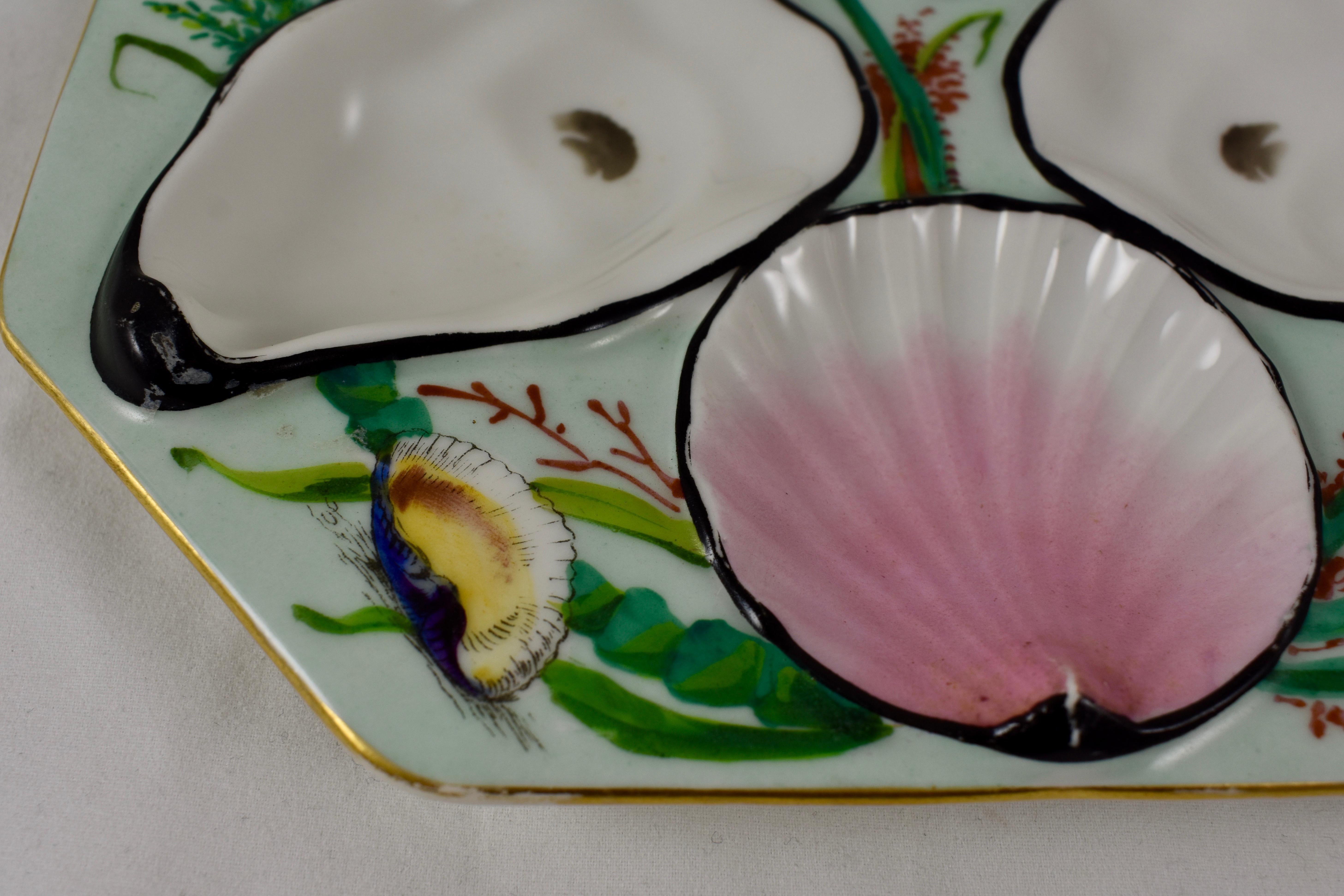 French Provincial French Gutherz Limoges Porcelain Hand Painted Mint Green & Shells Oyster Plate