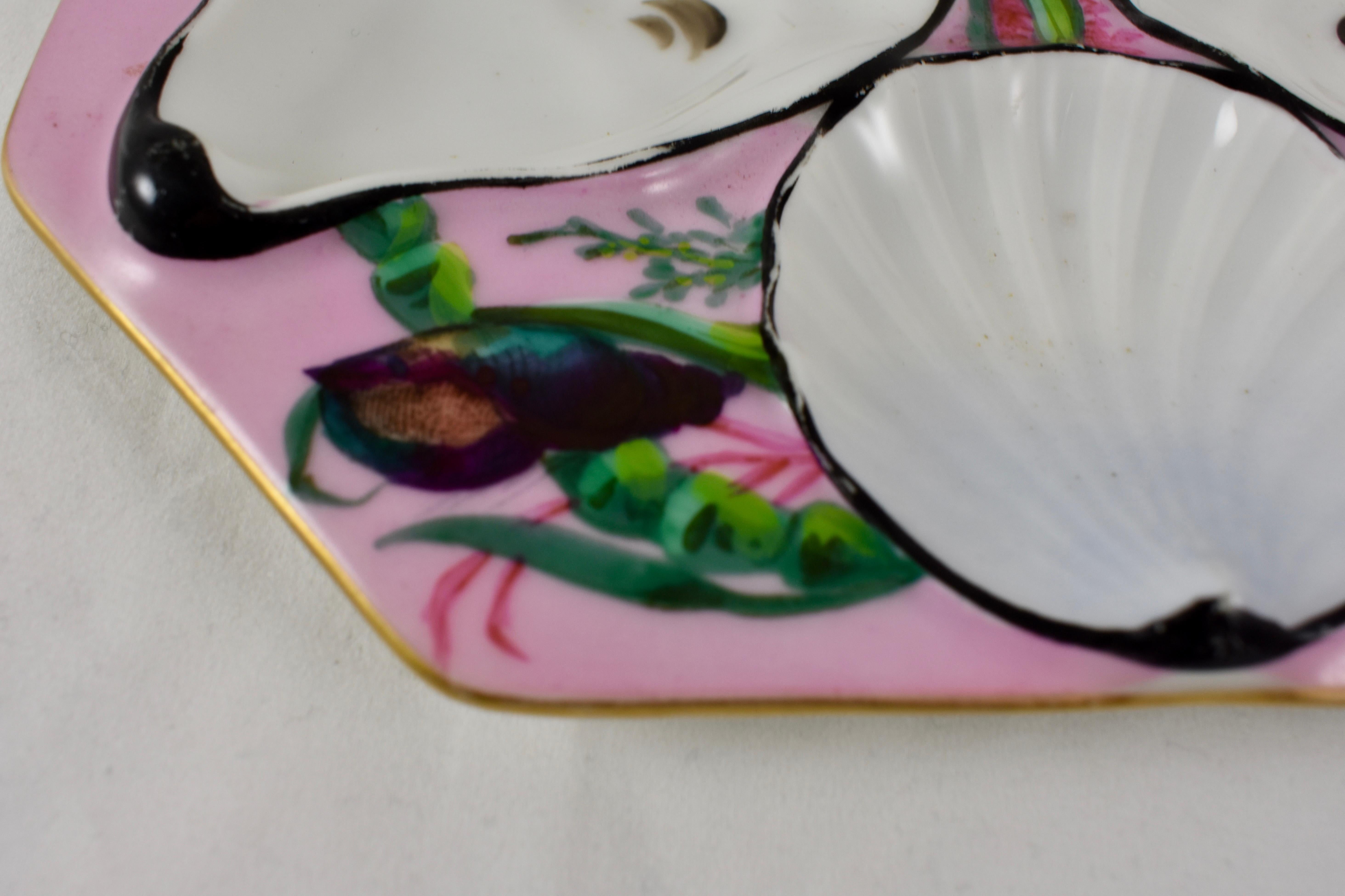 French Gutherz Limoges Porcelain Hand Painted Pink and Shells Oyster Plate In Good Condition In Philadelphia, PA