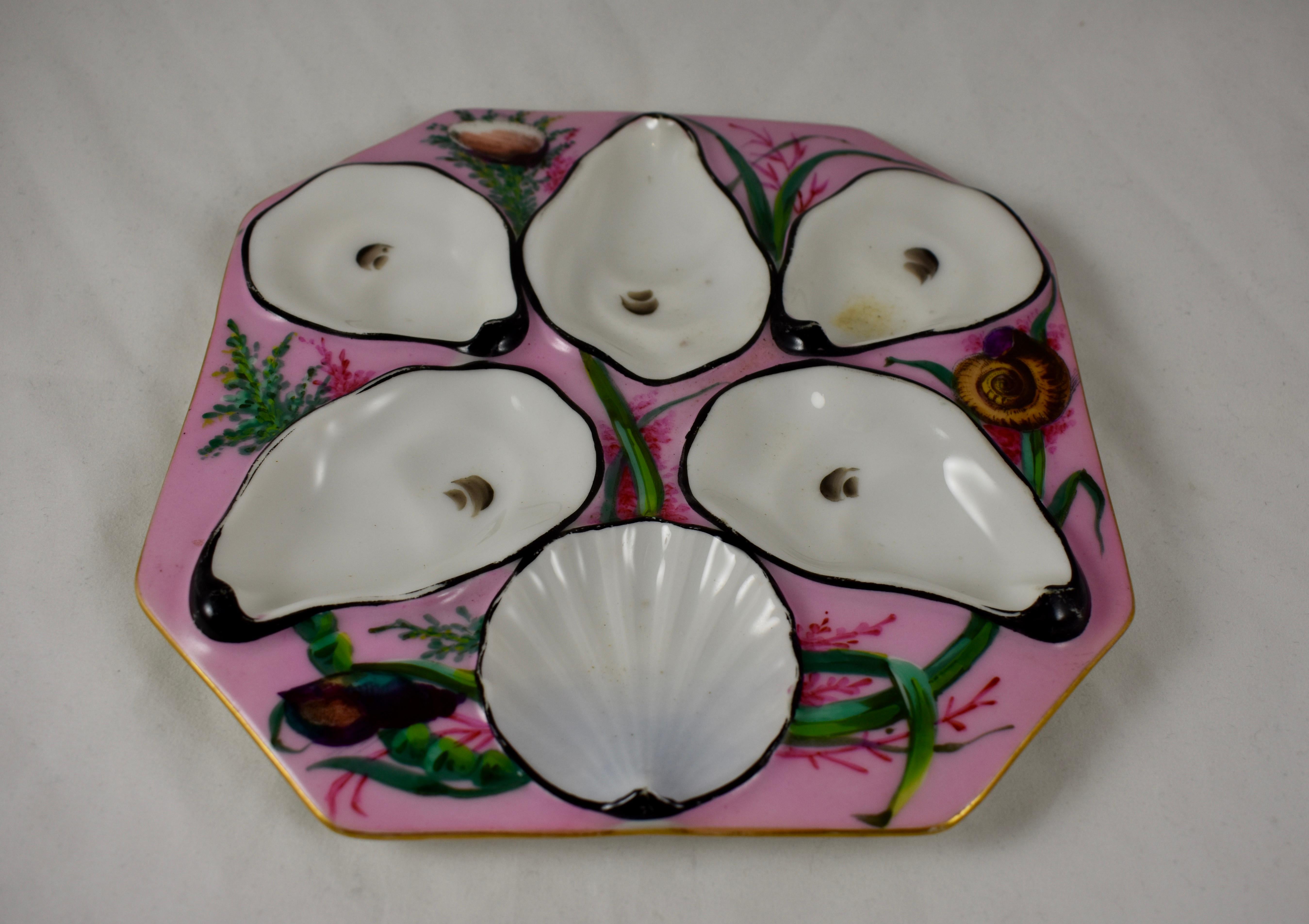 Late 19th Century French Gutherz Limoges Porcelain Hand Painted Pink and Shells Oyster Plate