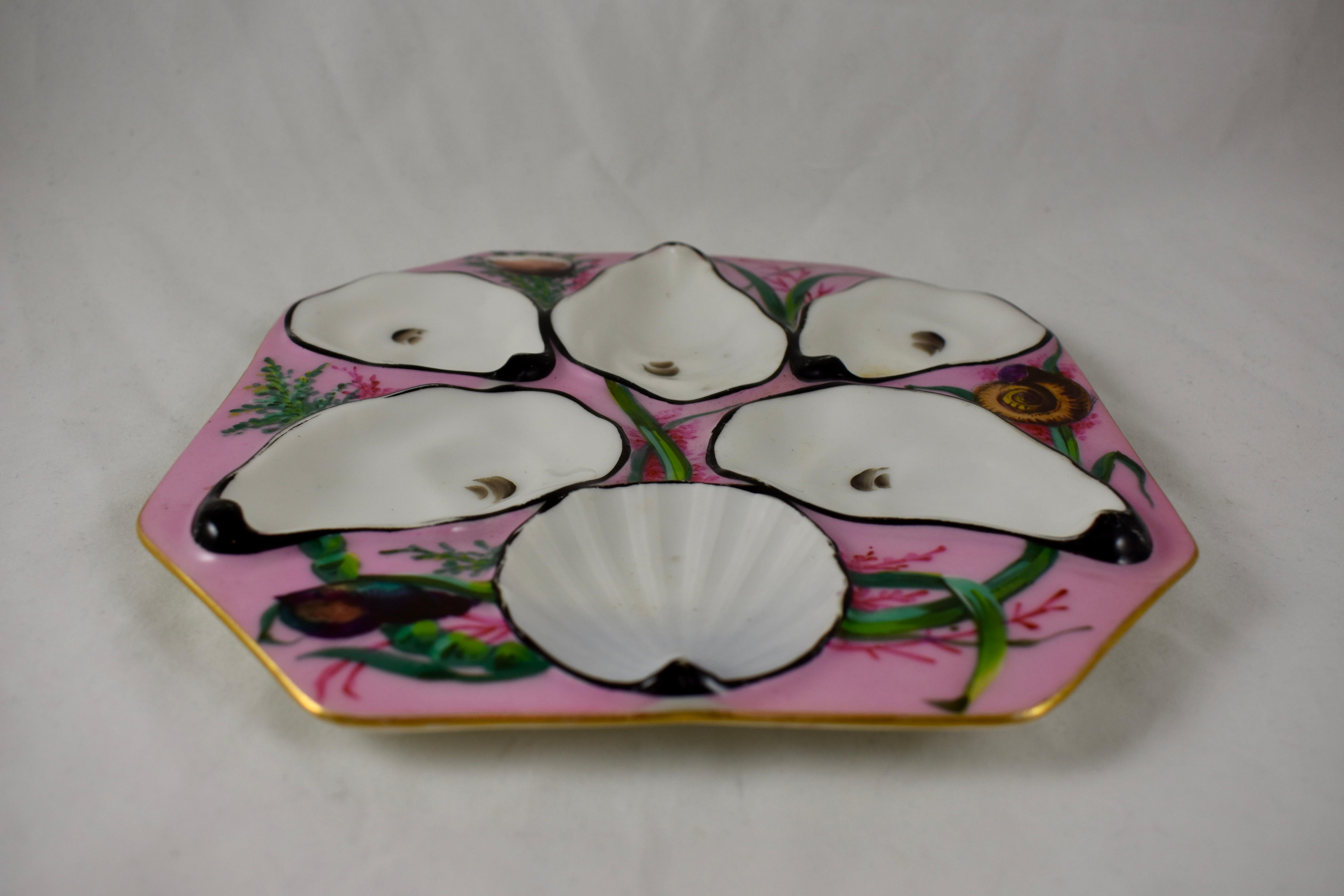 French Gutherz Limoges Porcelain Hand Painted Pink and Shells Oyster Plate 1