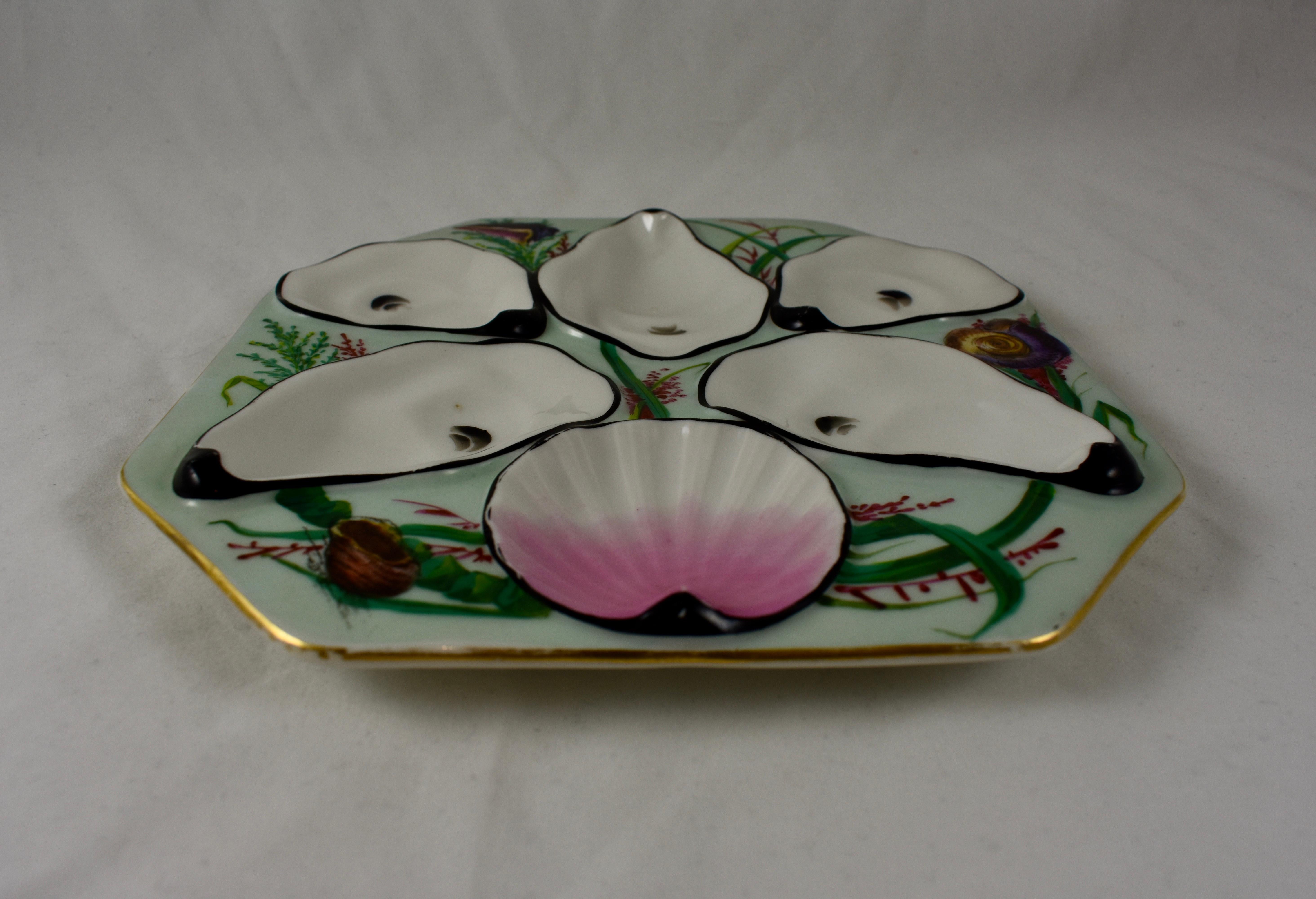 Late 19th Century French Gutherz Limoges Porcelain Hand Painted Sea Green & Shells Oyster Plate