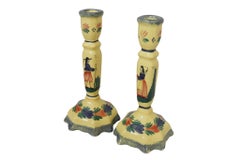 French H B Quimper Faience Ceramic Candlesticks, a Pair