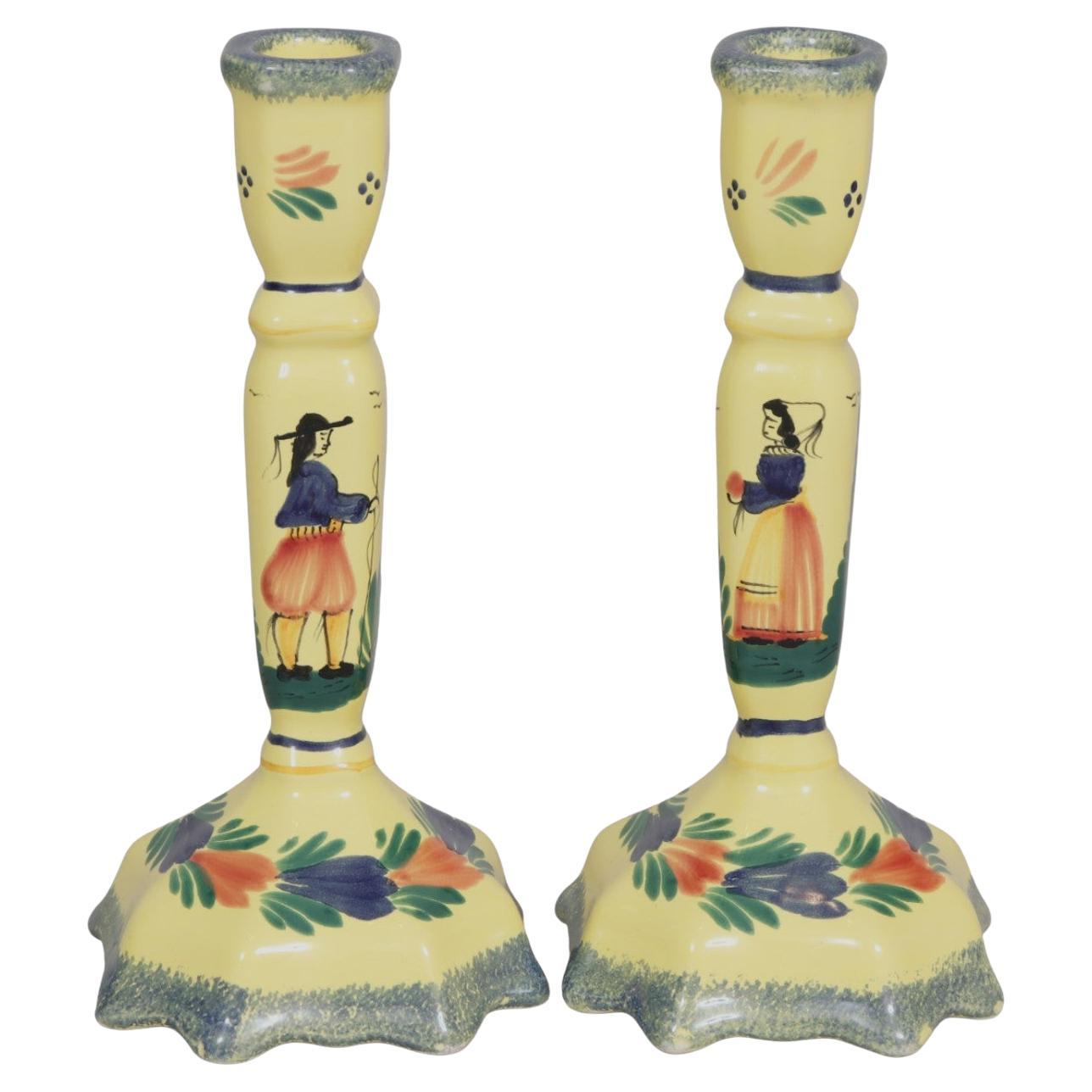 French H B Quimper Faience Ceramic Candlesticks, a Pair For Sale
