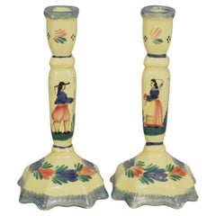 French H B Quimper Faience Ceramic Candlesticks, a Pair