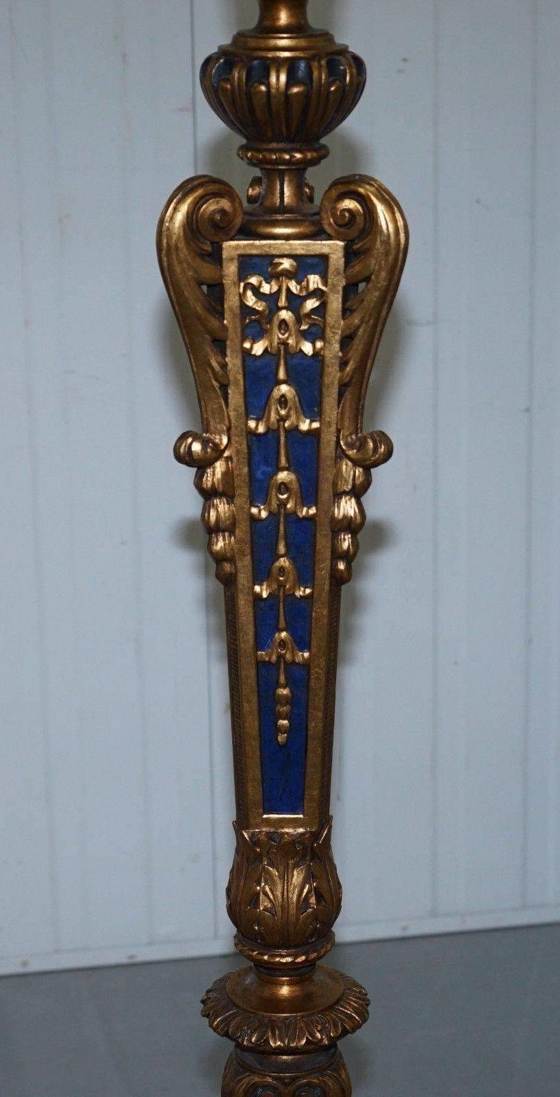French Hairy Paw 19th Century Giltwood Column Lamp Napoleonic Blue Gold Leaf 1