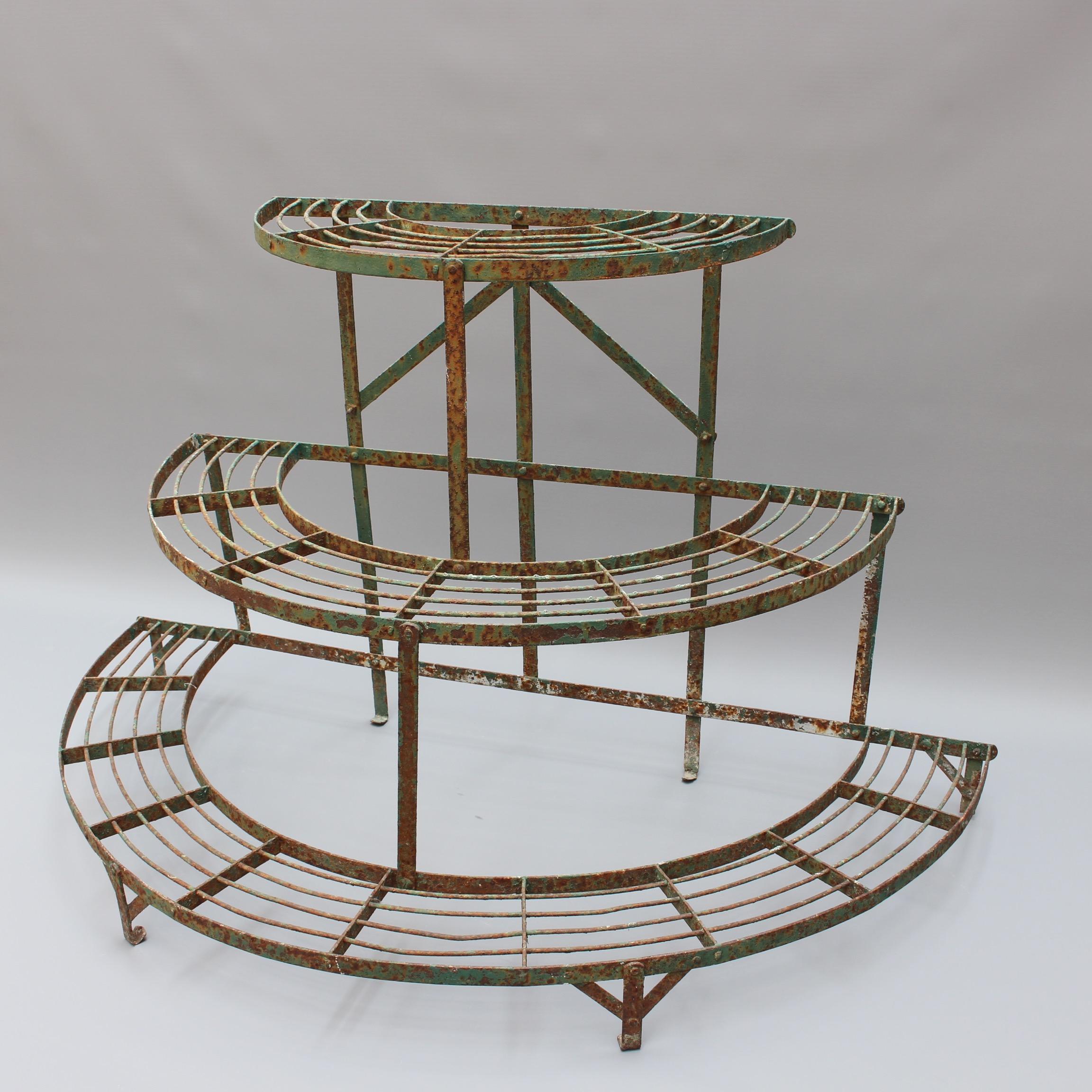 French half-moon shaped wrought iron plant stand (circa 1900-1920). A very characterful plant stand with European charm, chipping green paint with light rust and distinguished provenance. The structure is intact and may be retained in its current