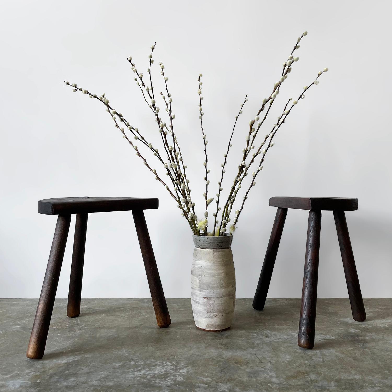 French half moon tripod stool
France, mid century
Beautifully sculpted, handcrafted woodwork
Solid wood half moon seat rests on tripod legs
Original wood finish with lovely grain detail and joinery
Patina from age and use
Priced and sold