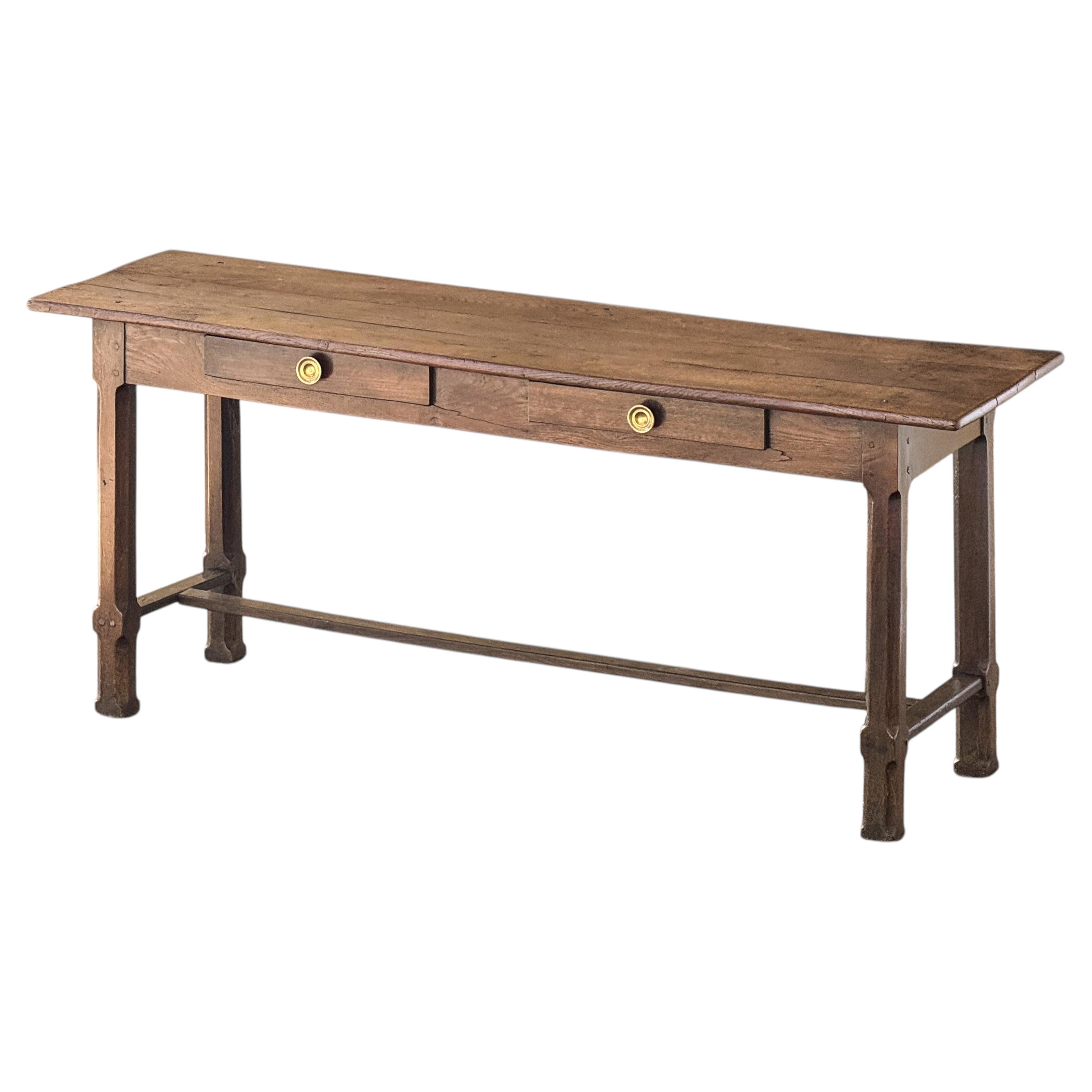 Table d'entrée ou console française en chêne avec piètement à traverses
