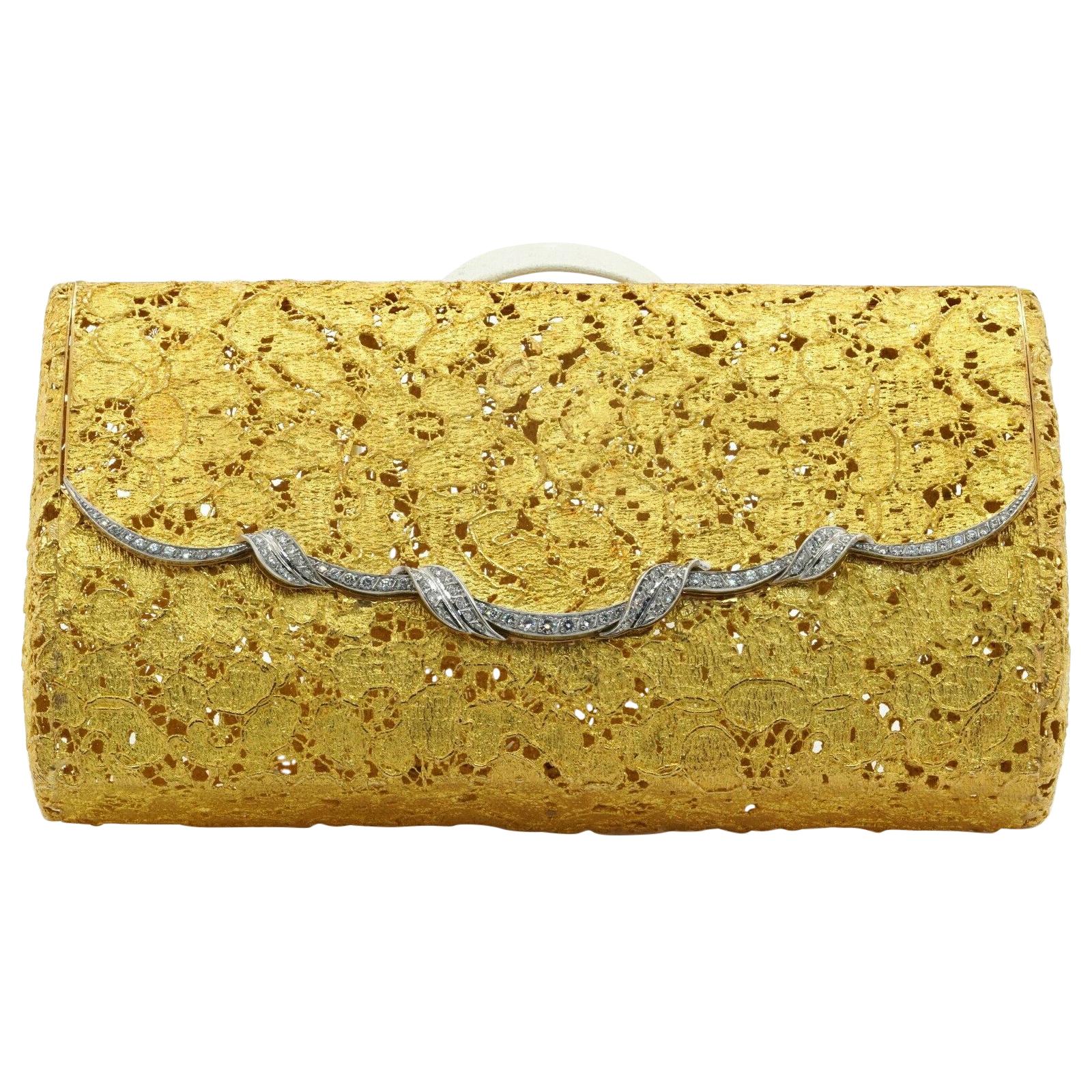 French Hallmarked 18k Solid Gold 3.0ct VS Diamond Floral Filigree Clutch Purse For Sale