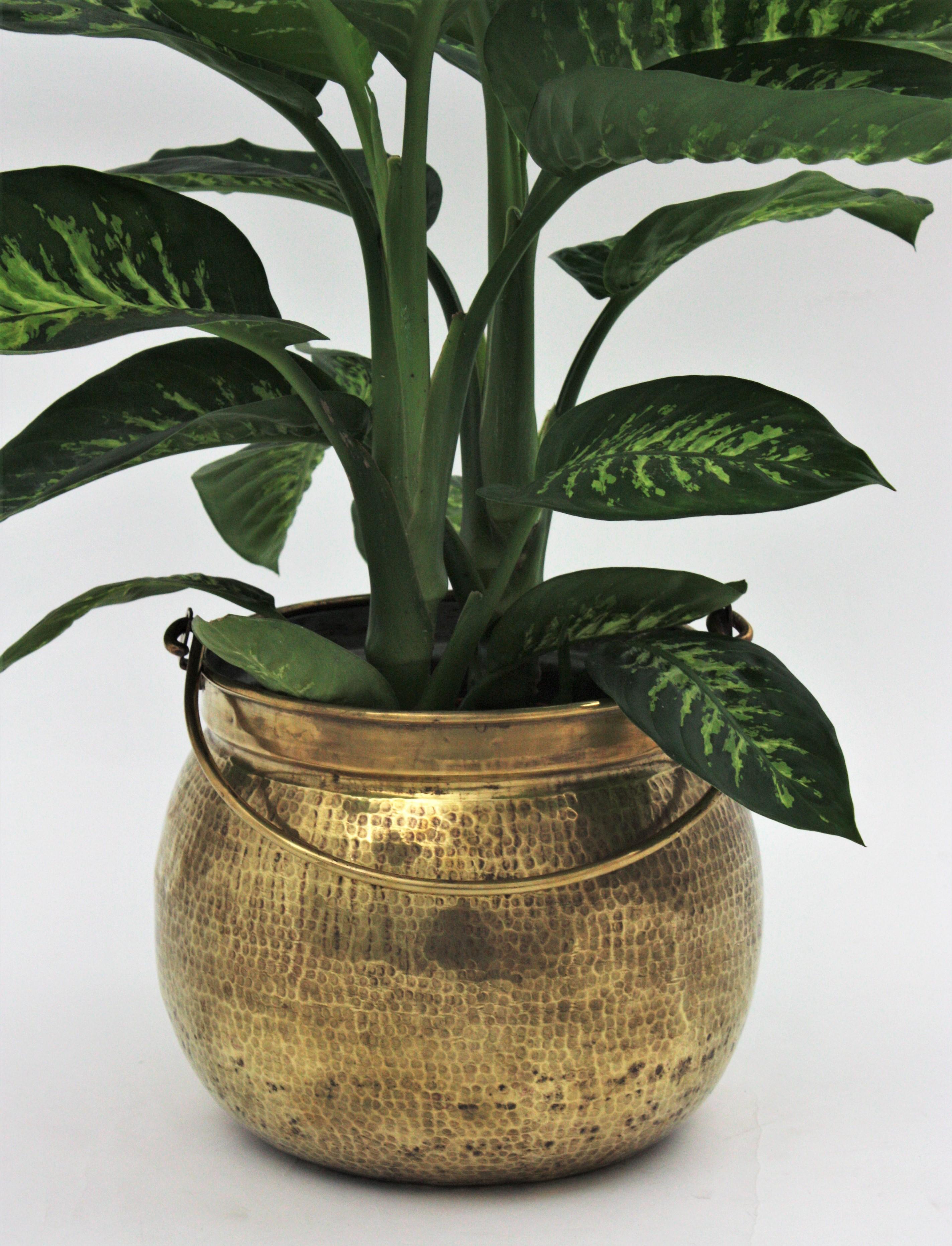 20th Century French Hammered Brass Cauldron Pot with One Single Handle