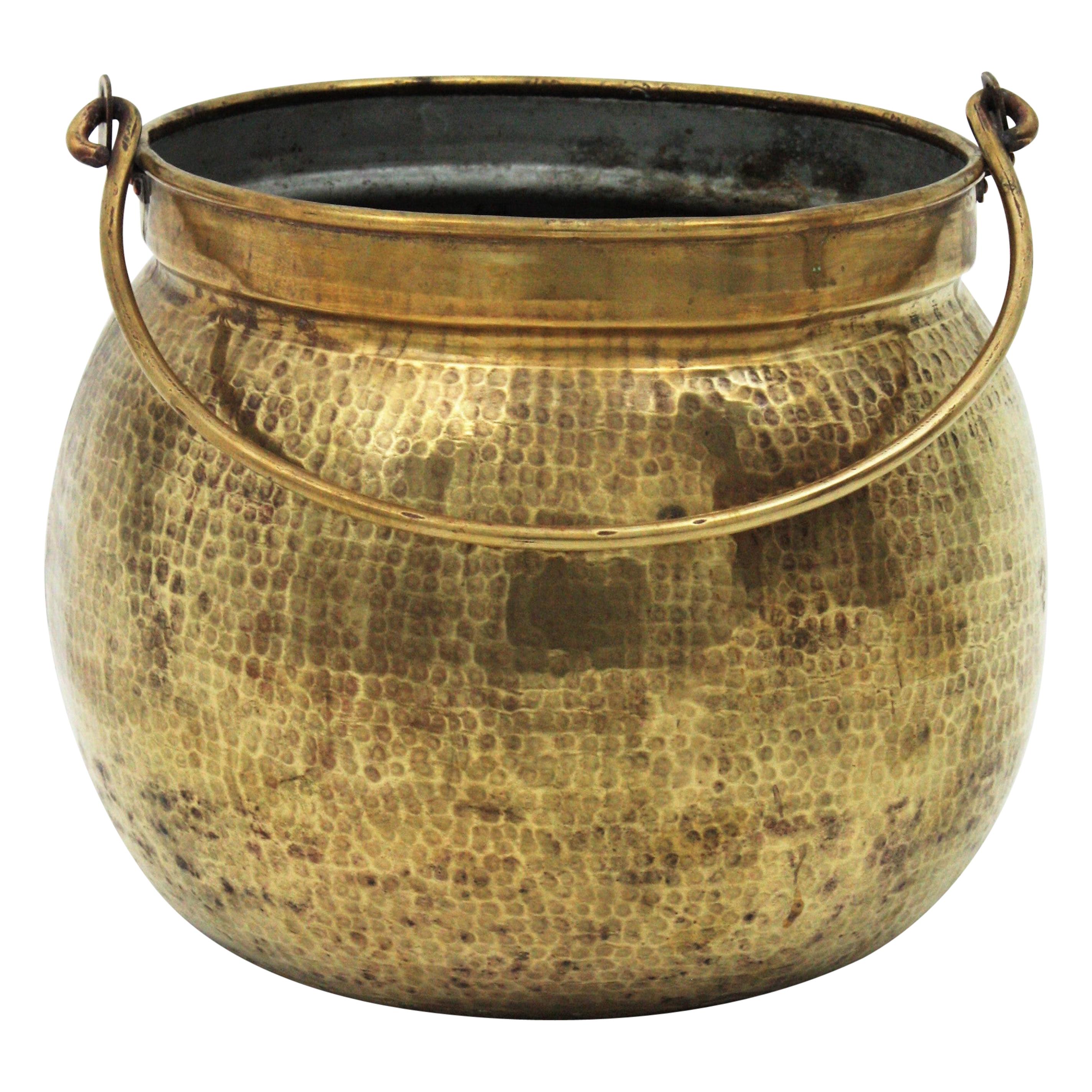 French Hammered Brass Cauldron Pot with One Single Handle