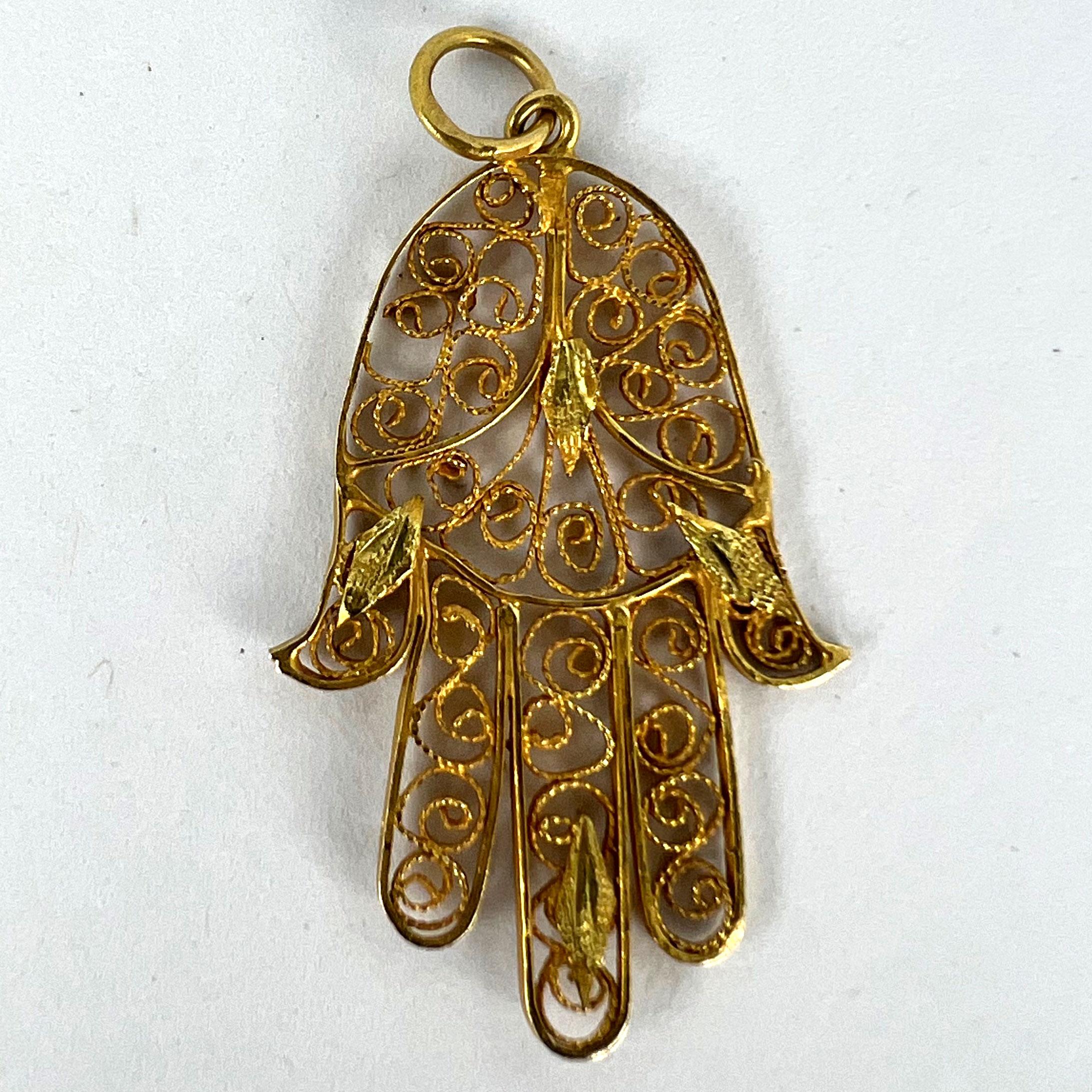 French Hamsa Hand Protective 18K Yellow Gold Charm Pendant For Sale 7