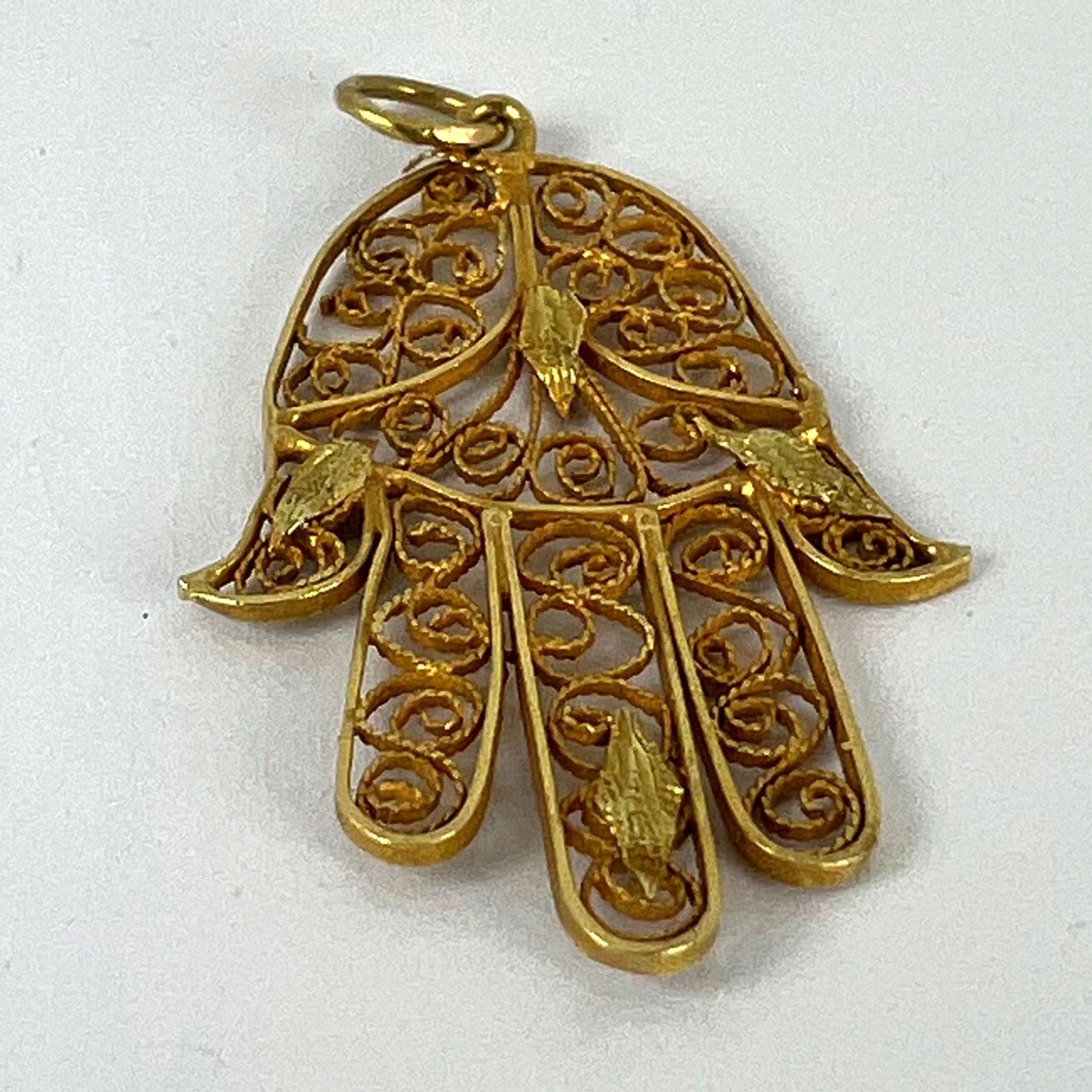 French Hamsa Hand Protective 18K Yellow Gold Charm Pendant For Sale 9