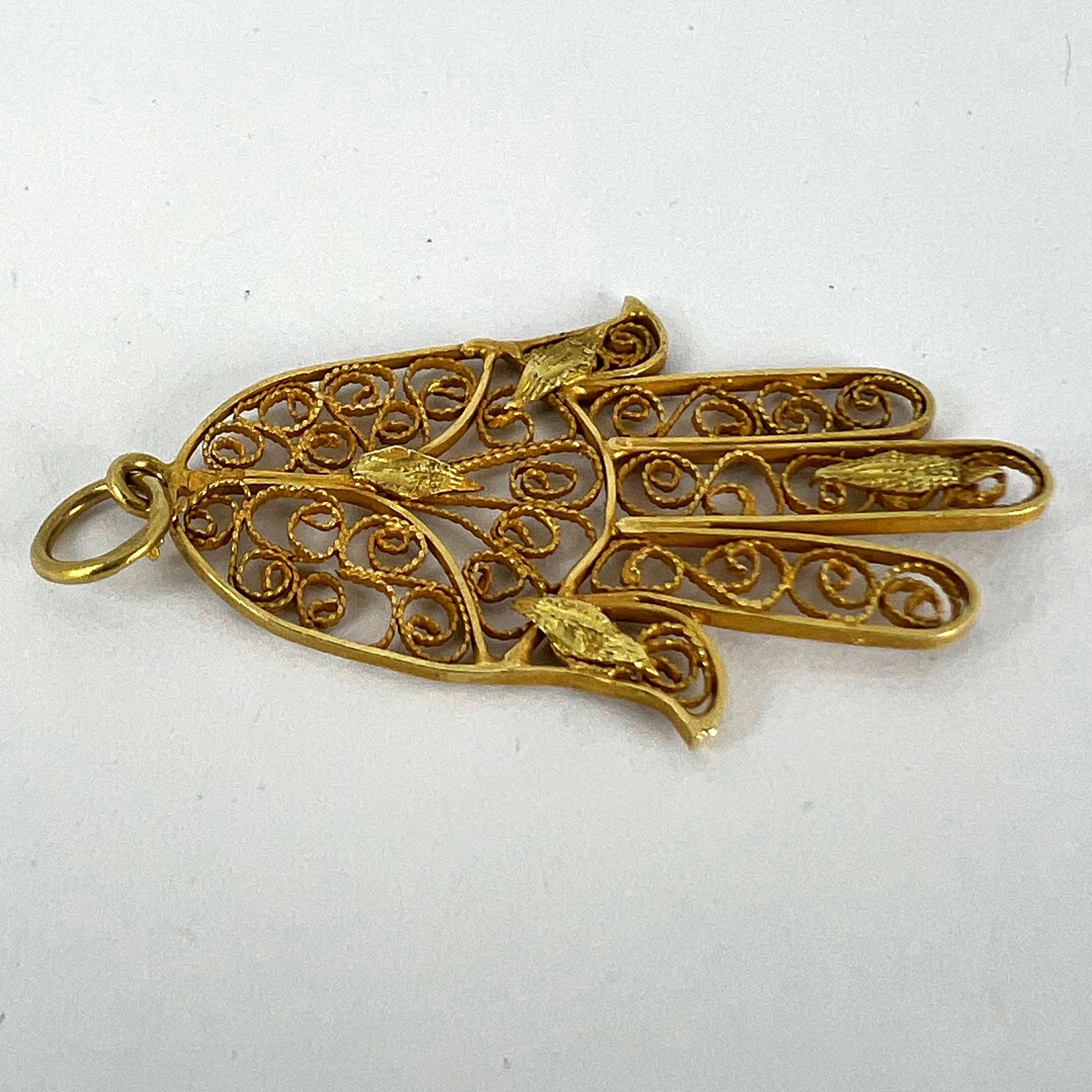 French Hamsa Hand Protective 18K Yellow Gold Charm Pendant For Sale 10